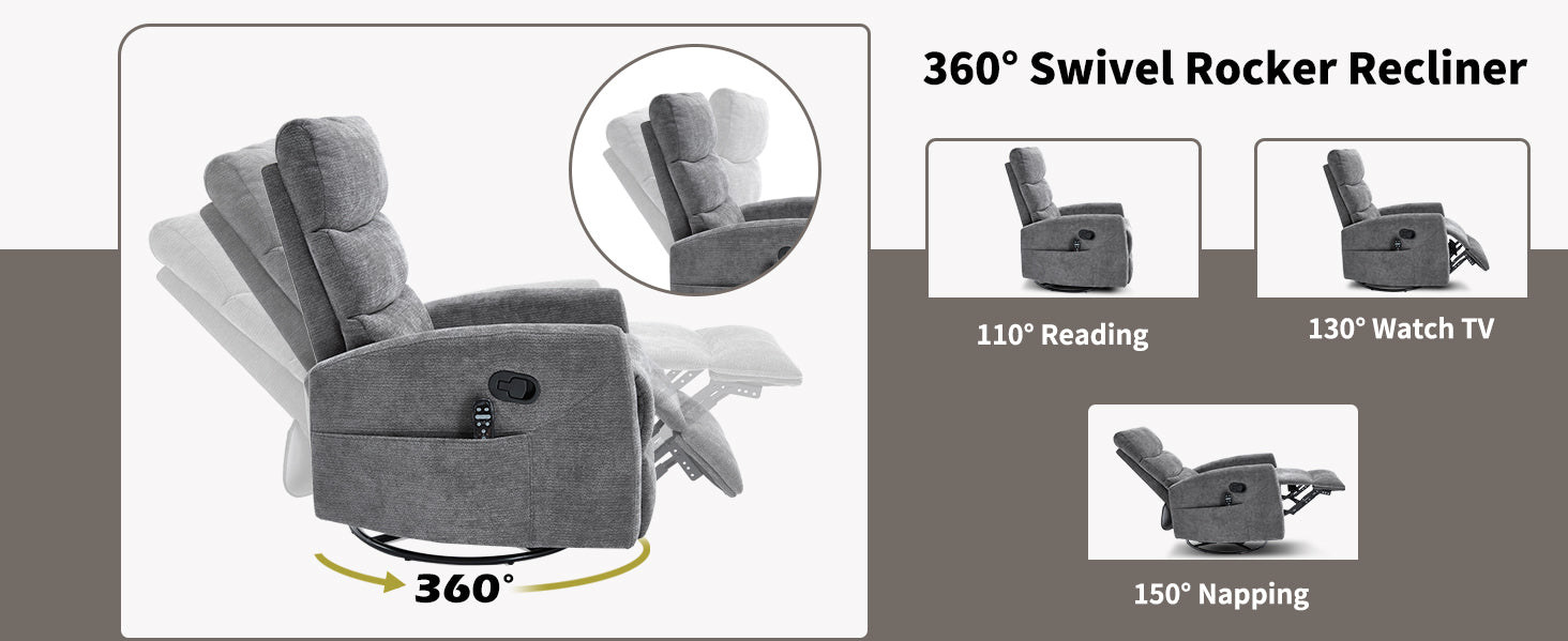 Heat Massage Manual Recliner Chair with Rocker and Swivel in Fabric for Living Room detail image 45