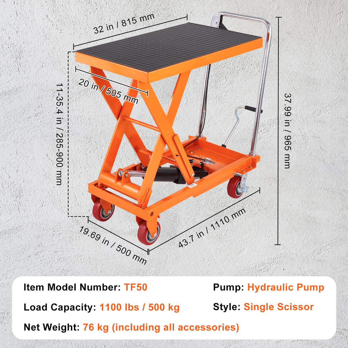 Manual Hydraulic Scissor Lift Table Cart with Non-Slip Pad for workshop, garage, storage, or utility use