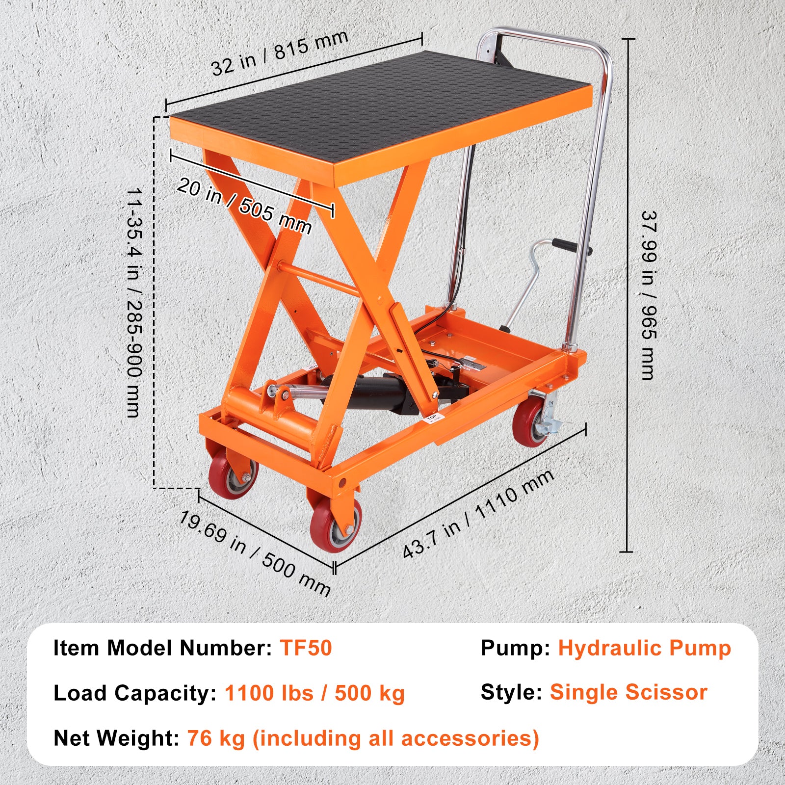 Manual Hydraulic Scissor Lift Table Cart with Non-Slip Pad for workshop, garage, storage, or utility use