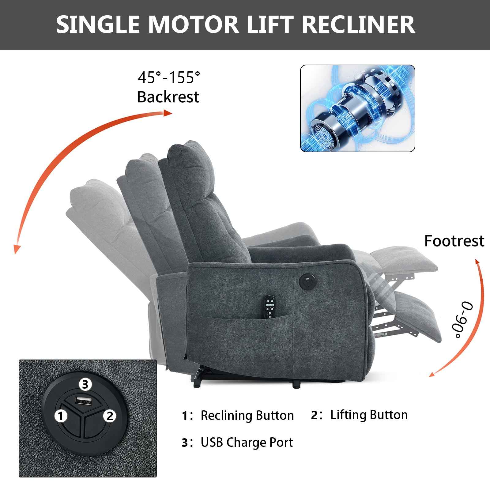 Chenille Single-Motor Power Lift Recliner with Massage & Heat detail image 40