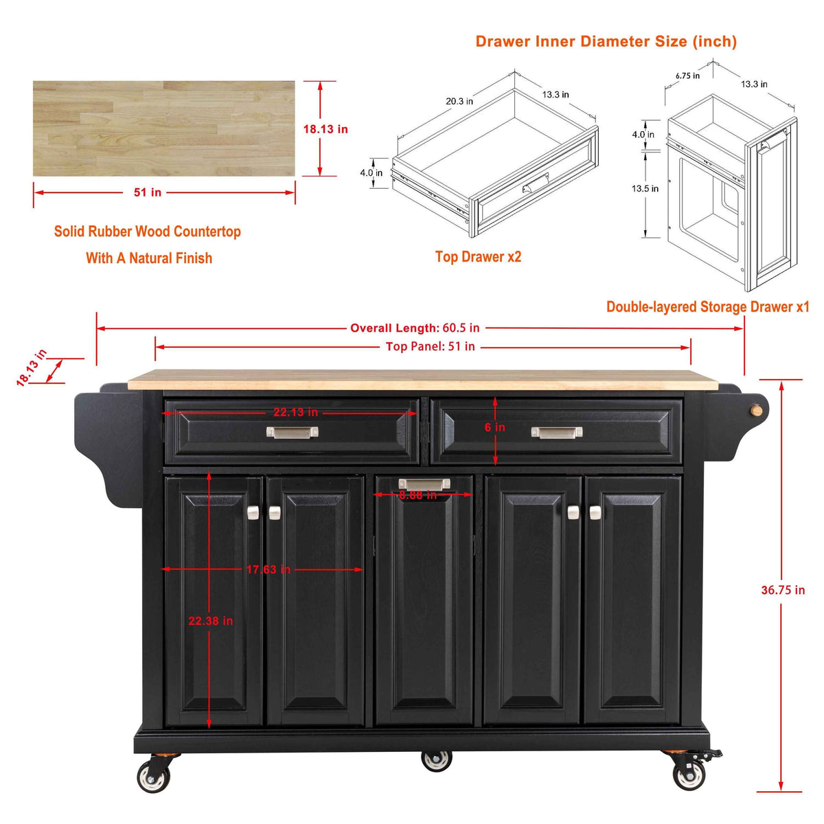Rubberwood Drop-Leaf Kitchen Cart with 3 Drawers product view 23