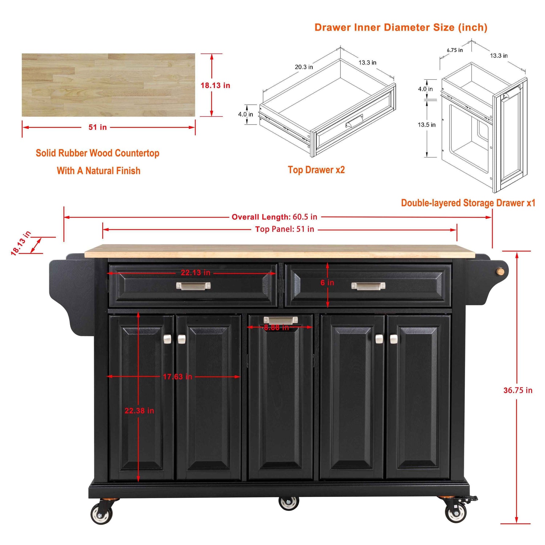 Rubberwood Drop-Leaf Kitchen Cart with 3 Drawers product view 23