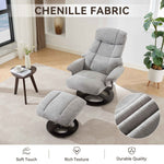 069DR-Ergonomic Recliner Chair with Ottoman, Modern 360° Swivel Lounge Chair with Footstool, Chenille Fabric, 5 Point Vibration Massage, Seat Heating & 140° Adjustable Backrest for Home office, Grey