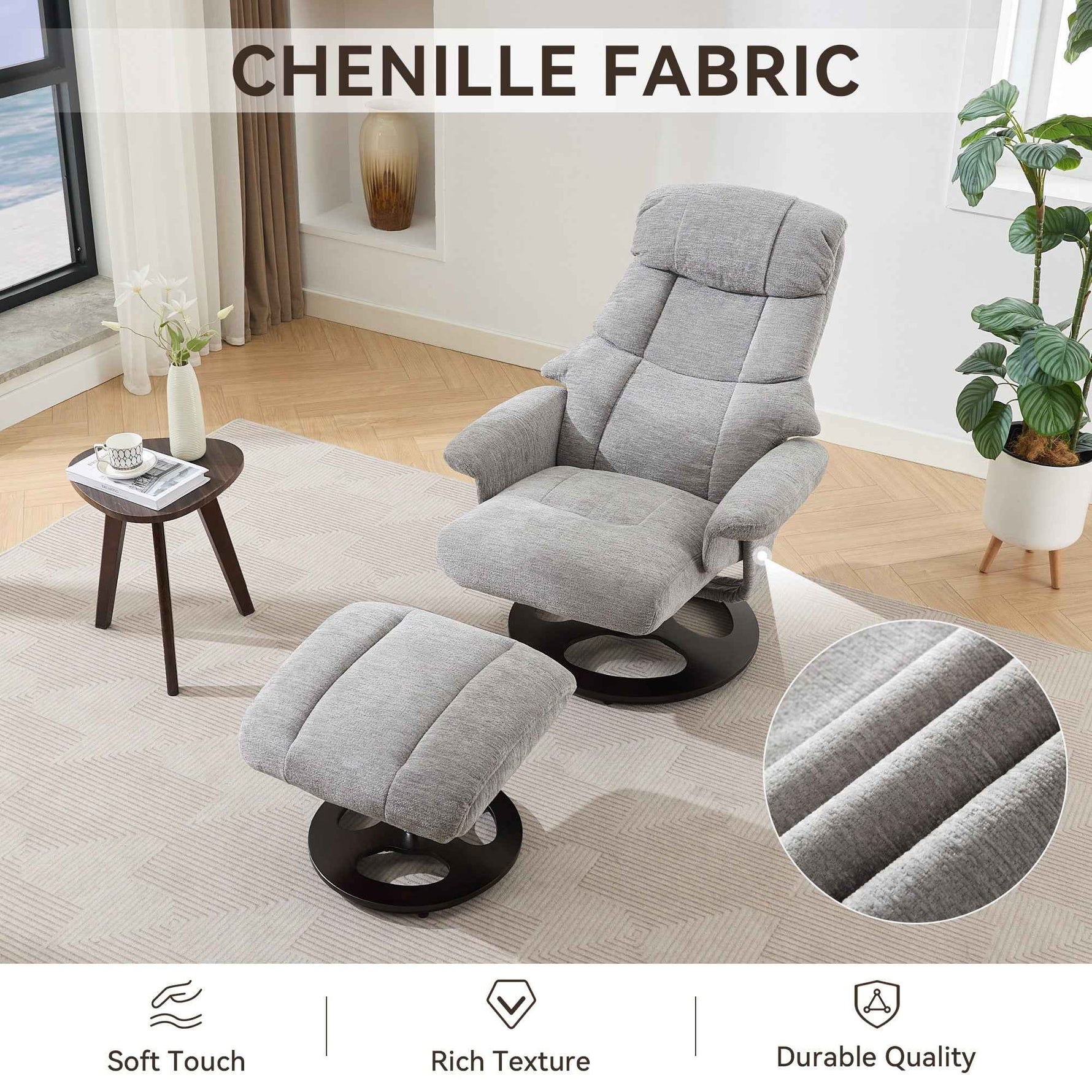 069DR-Ergonomic Recliner Chair with Ottoman, Modern 360° Swivel Lounge Chair with Footstool, Chenille Fabric, 5 Point Vibration Massage, Seat Heating & 140° Adjustable Backrest for Home office, Grey
