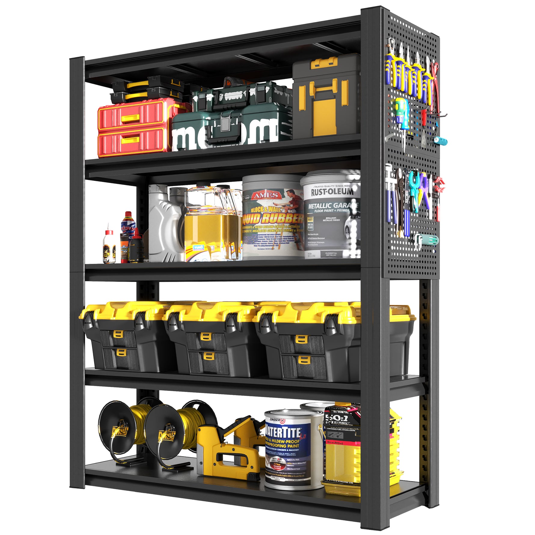 Industrial Heavy-Duty Metal 5-Tier Adjustable Shelving Unit with Pegboard for workshop, garage, storage, or utility use