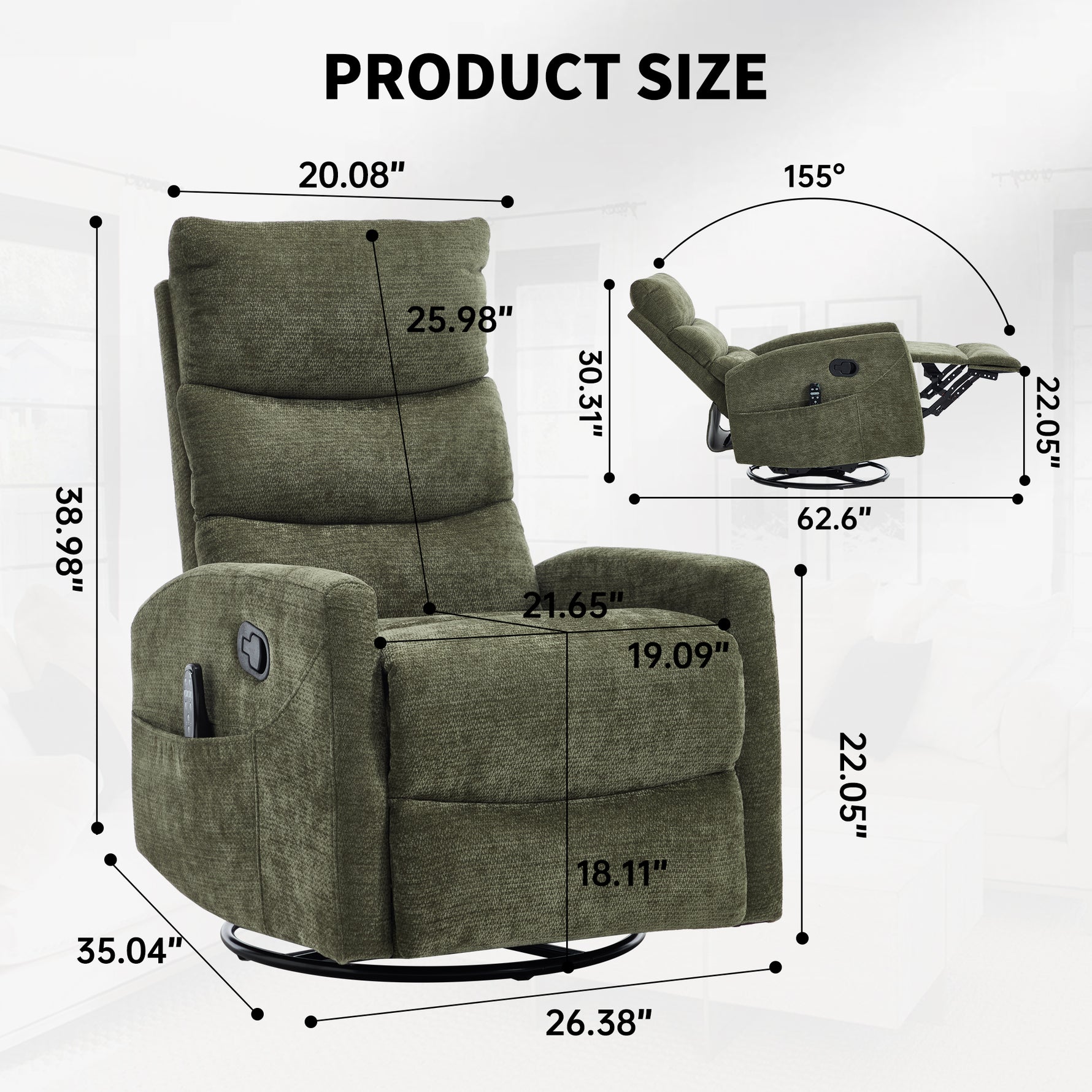 Heat Massage Manual Recliner Chair with Rocker and Swivel in Fabric for Living Room detail image 30