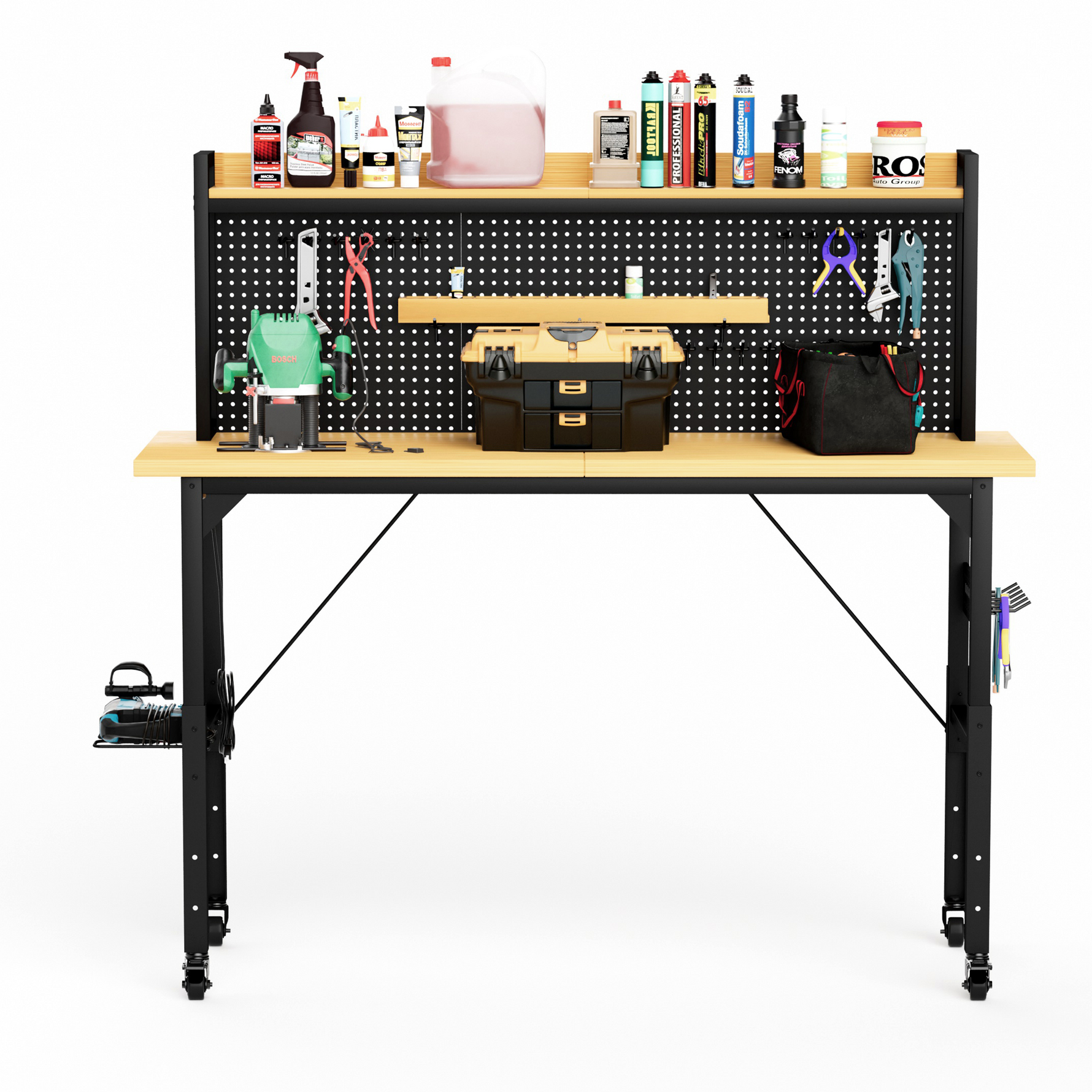 Heavy-Duty Adjustable Workbench with Pegboard & Wheels workshop project bench