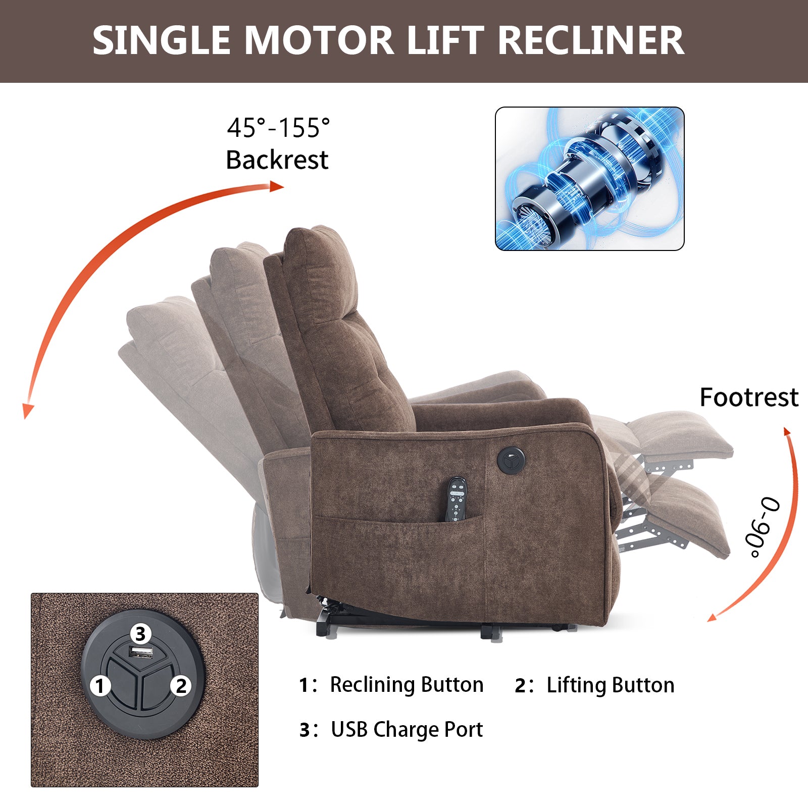 Chenille Single-Motor Power Lift Recliner with Massage & Heat detail image 23