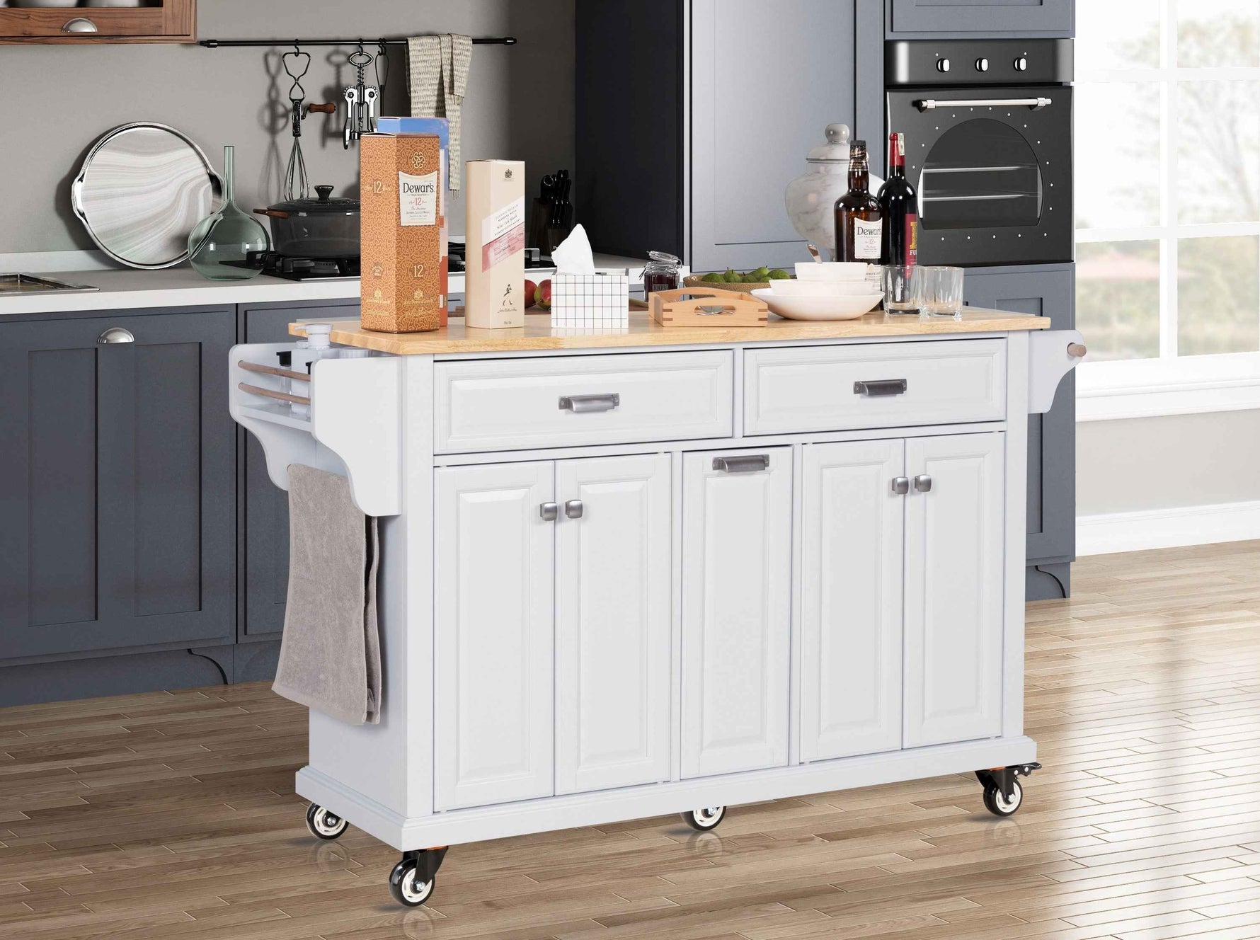 Rubberwood Drop-Leaf Kitchen Cart with 3 Drawers product view 49