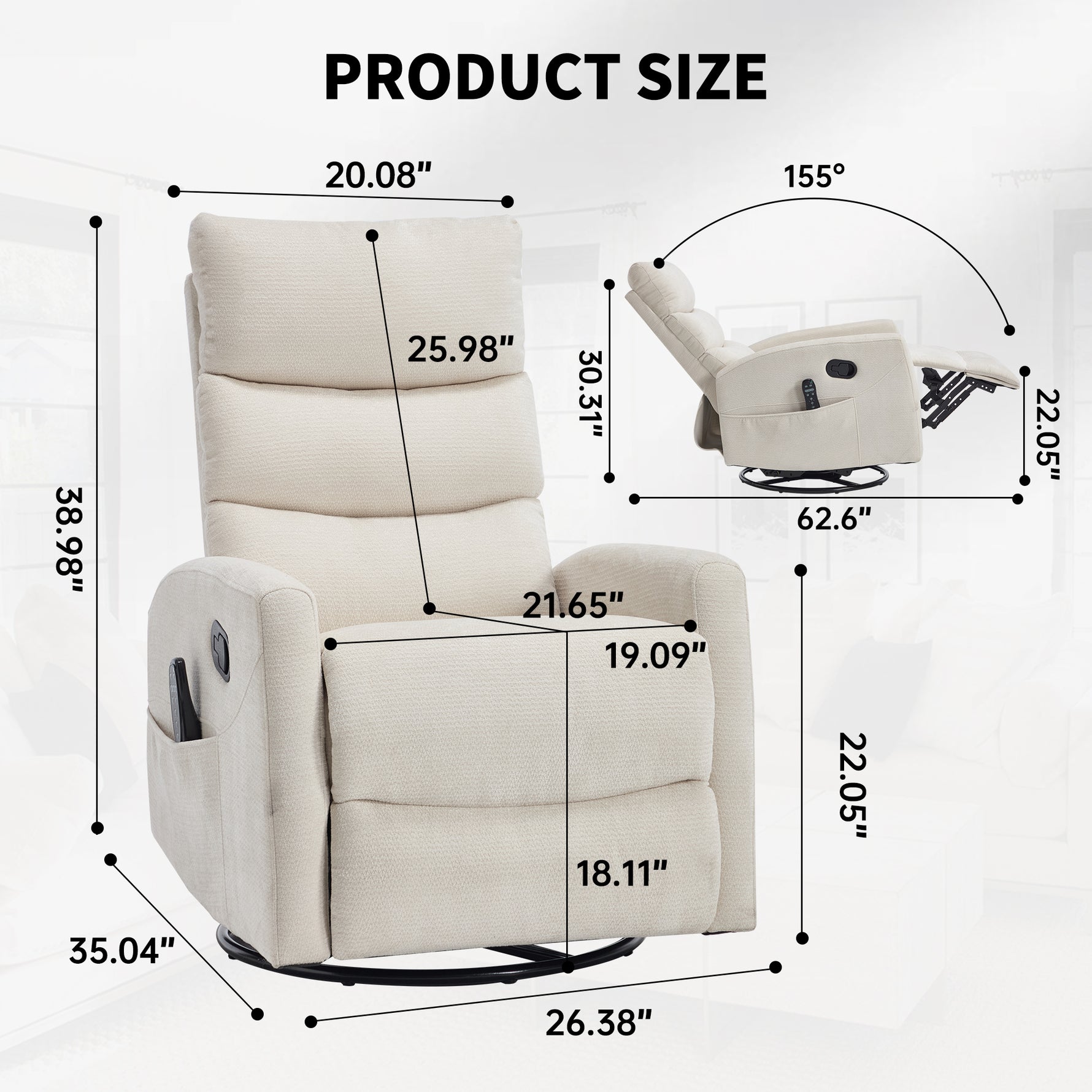 Heat Massage Manual Recliner Chair with Rocker and Swivel in Fabric for Living Room detail image 7