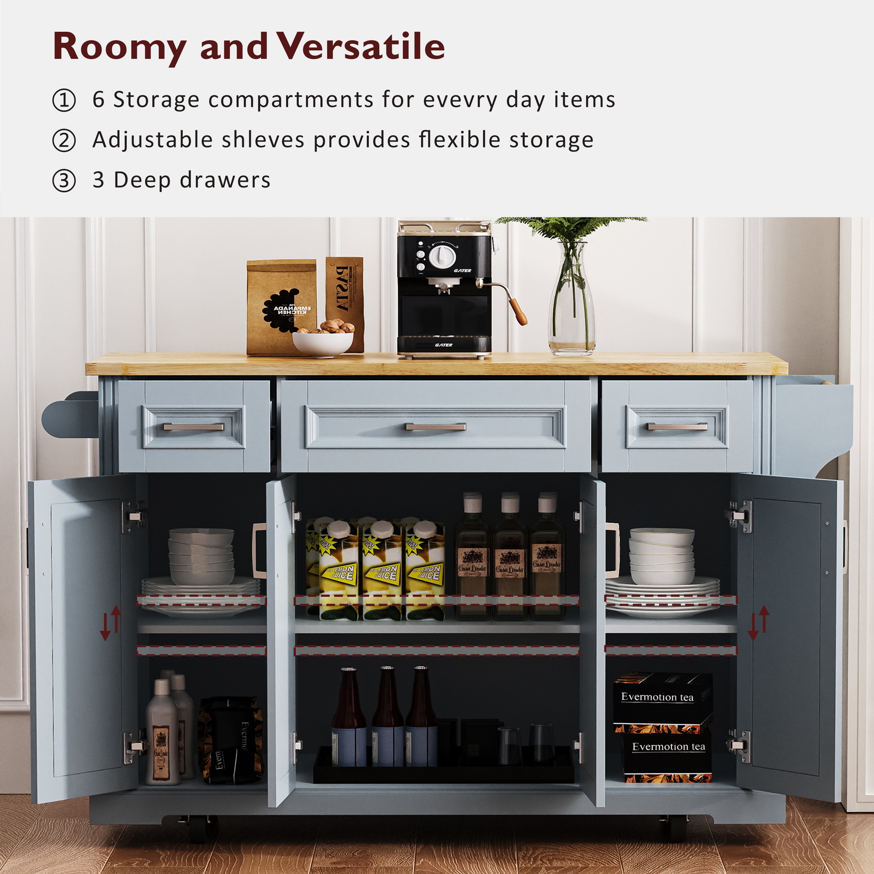 54 in. Rolling Kitchen Island with Drop Leaf & Storage product view 73