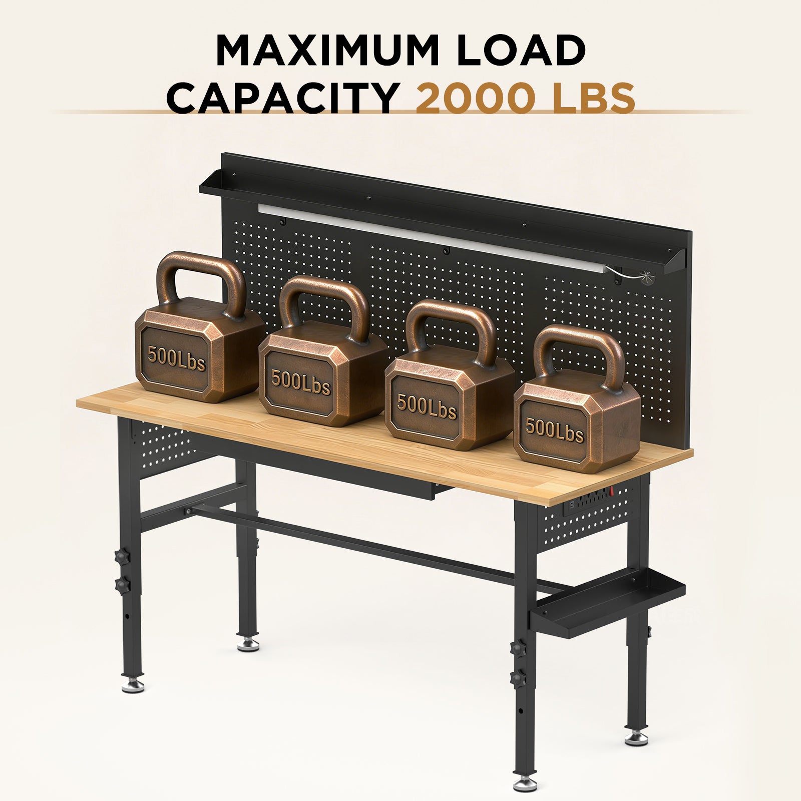 60" Adjustable-Height Workbench with Solid Wood Top for workshop, garage, storage, or utility use