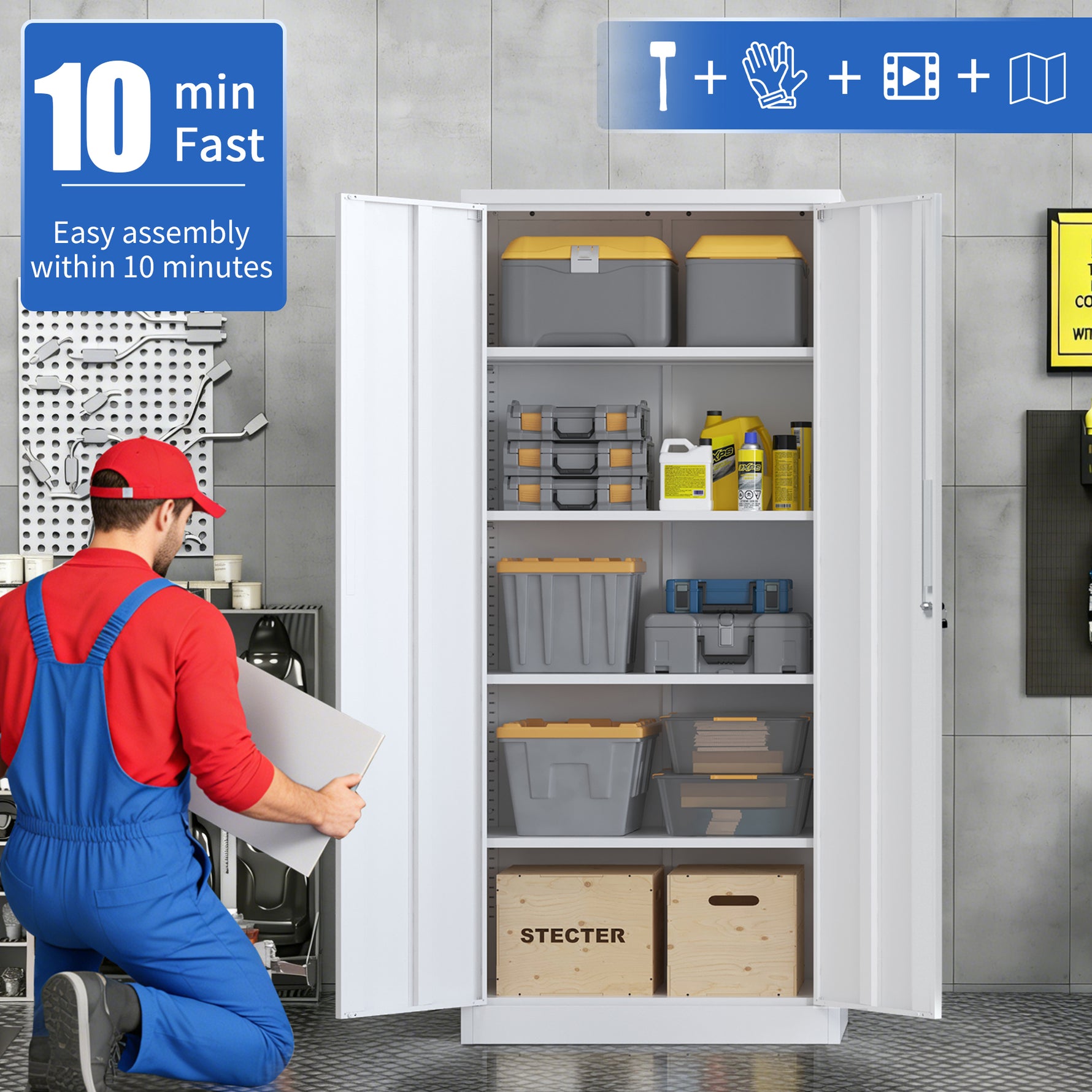 Locking Steel Garage Storage Cabinet with 4 Adjustable Shelves for workshop, garage, storage, or utility use