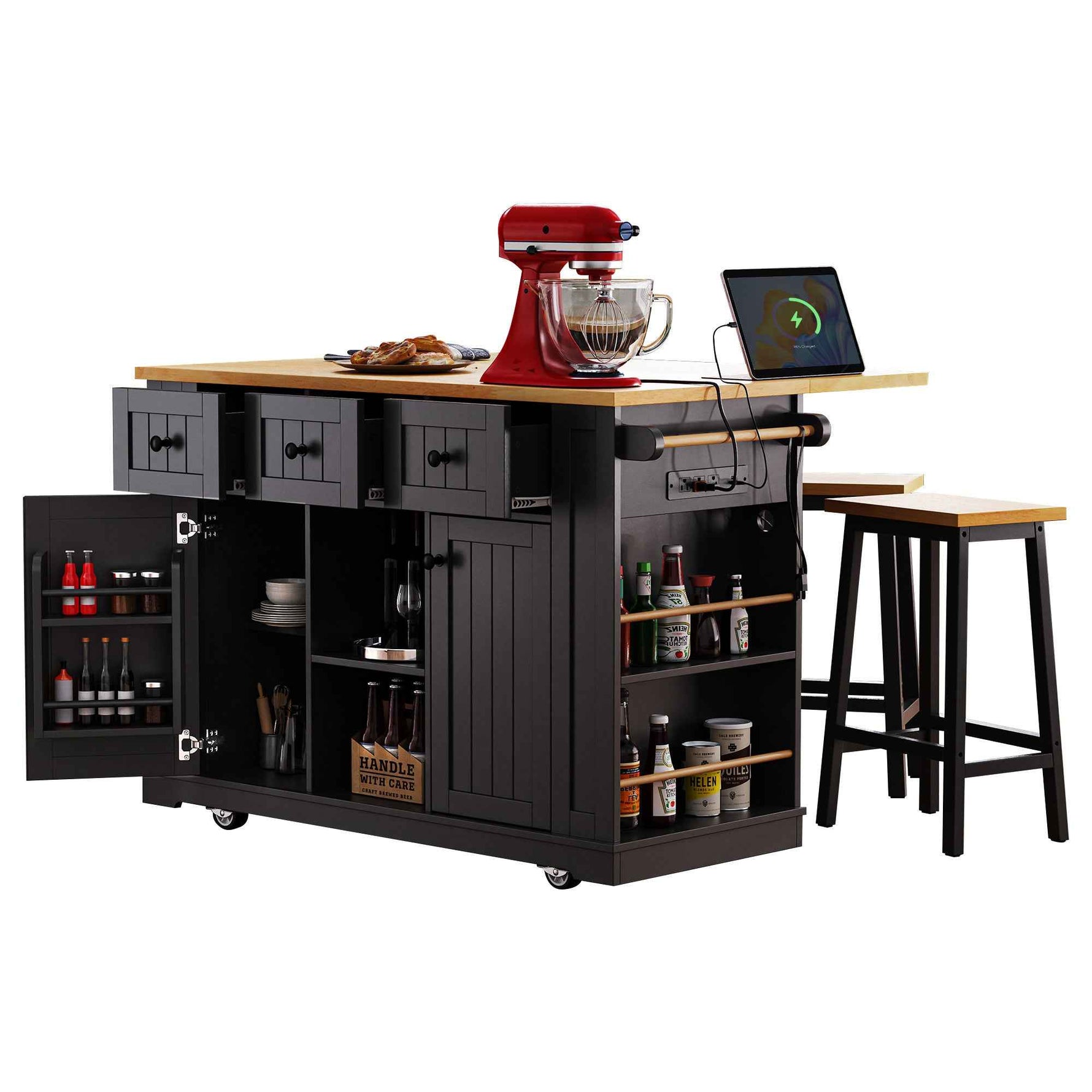53 in. Farmhouse Kitchen Island with Power Outlet & Stools product view 108