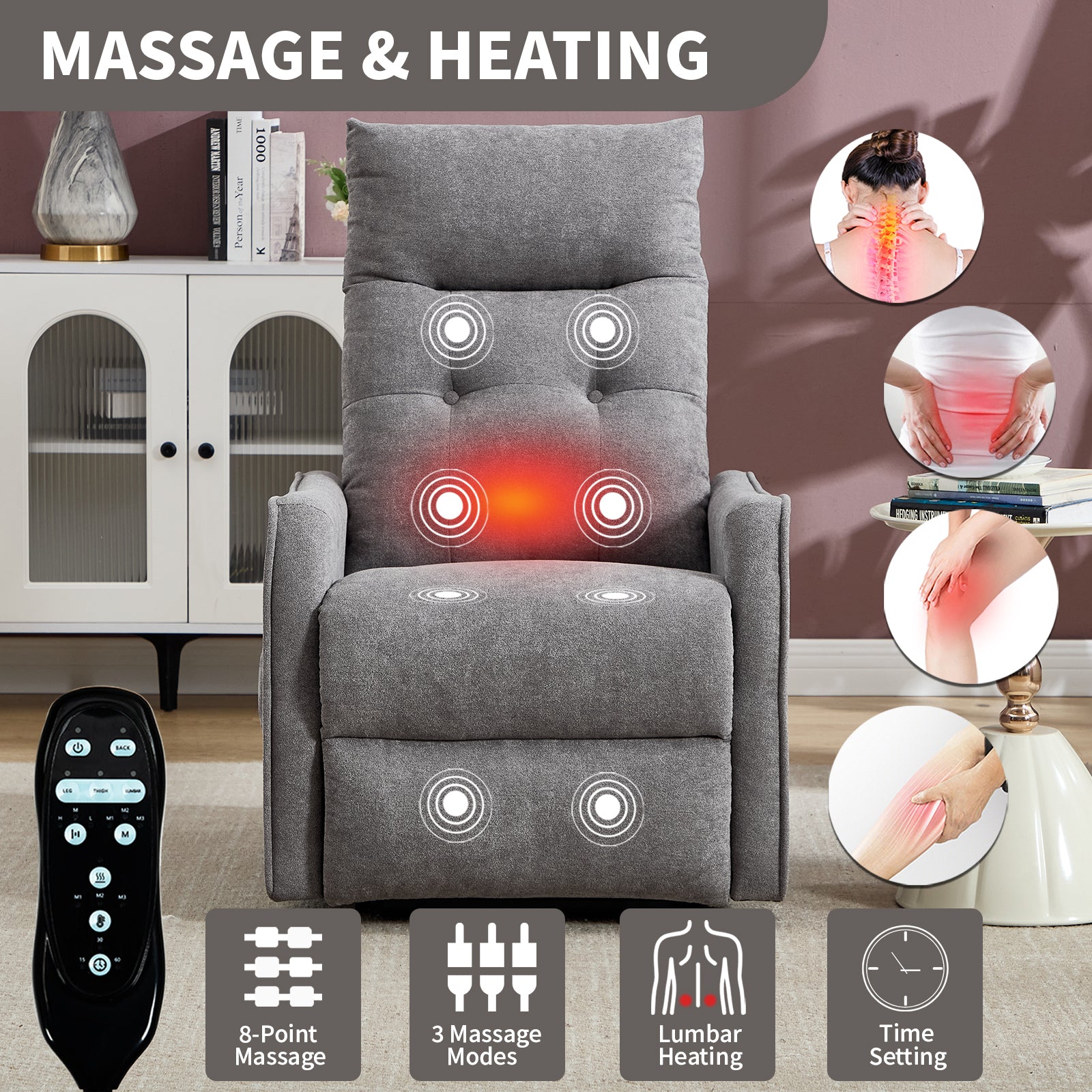 Chenille Single-Motor Power Lift Recliner with Massage & Heat detail image 6