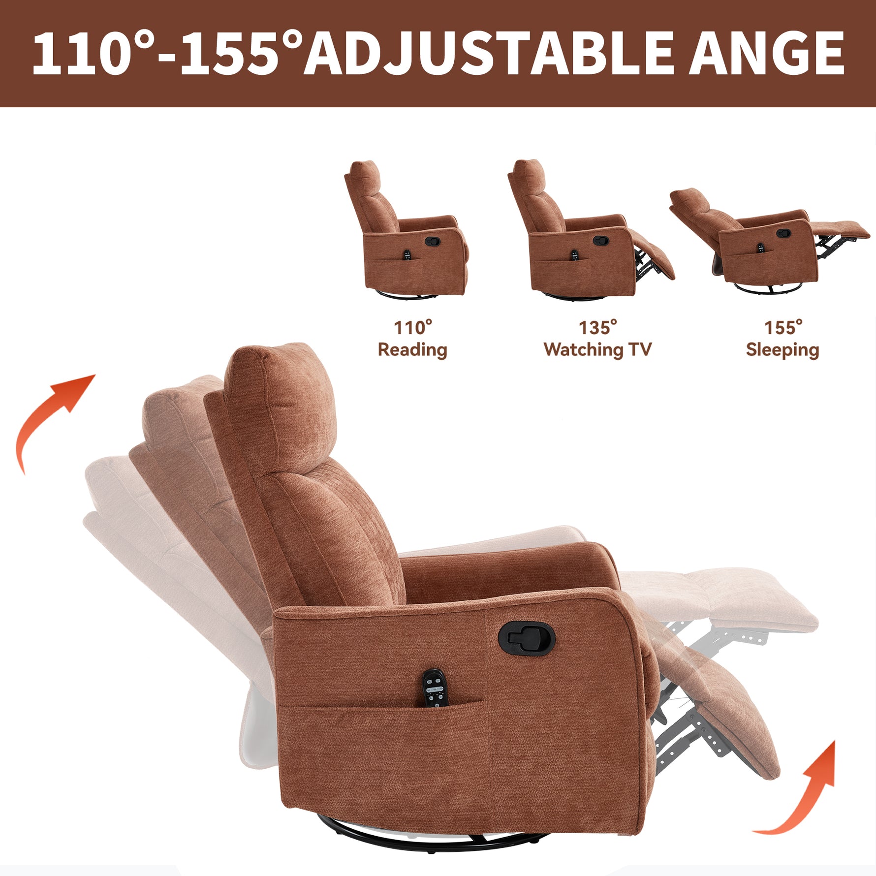 Heat Massage Manual Recliner Chair with Rocker and Swivel in Fabric for Living Room detail image 5