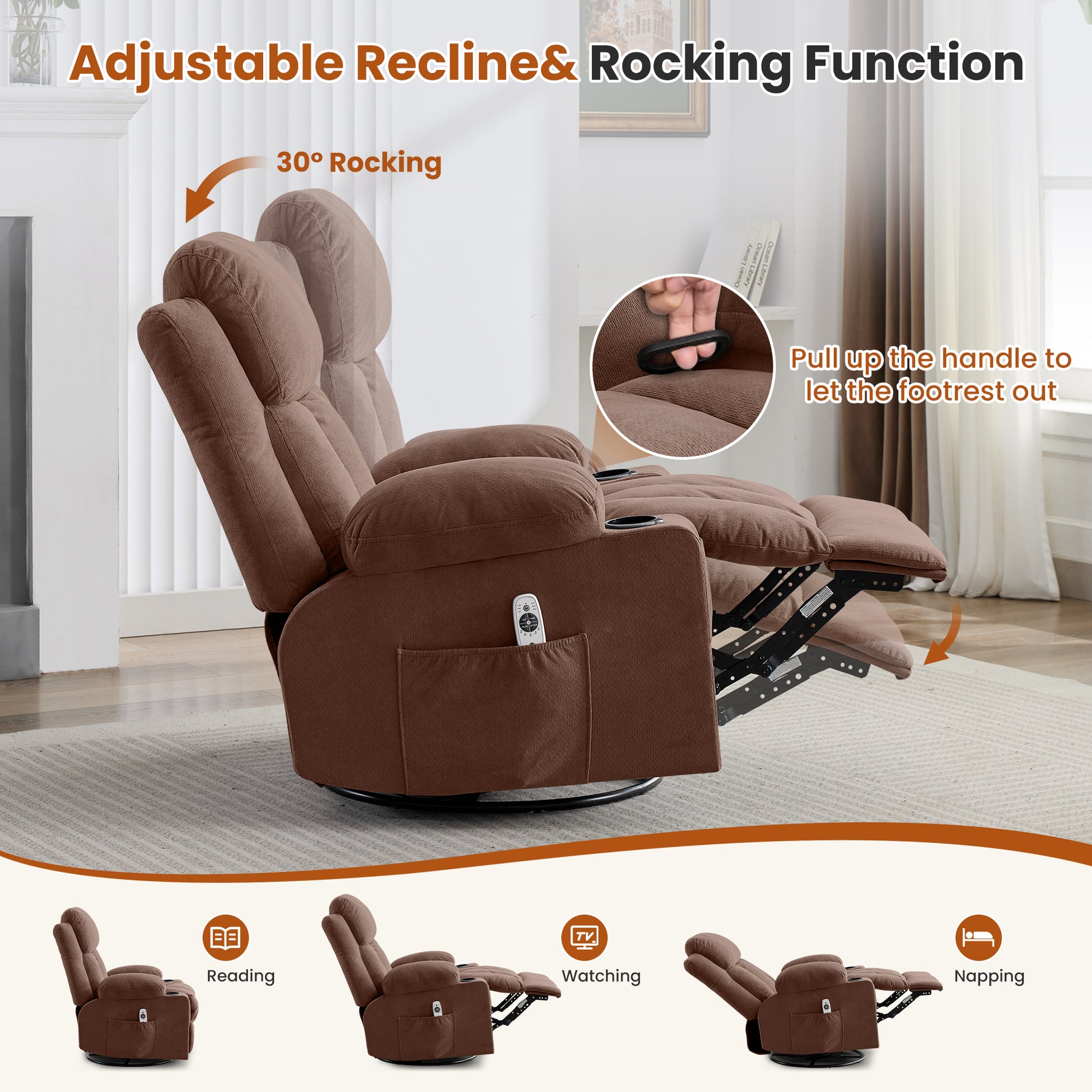 Swivel Rocker Recliner Chair with Vibration Massage, Heat, USB Port and Cup Holderrs detail image 38
