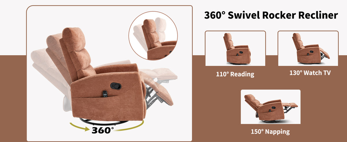 Heat Massage Manual Recliner Chair with Rocker and Swivel in Fabric for Living Room detail image 9