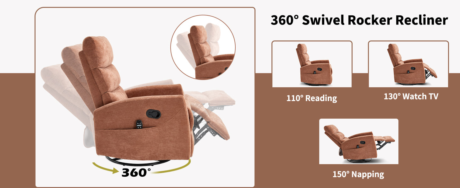 Heat Massage Manual Recliner Chair with Rocker and Swivel in Fabric for Living Room detail image 9