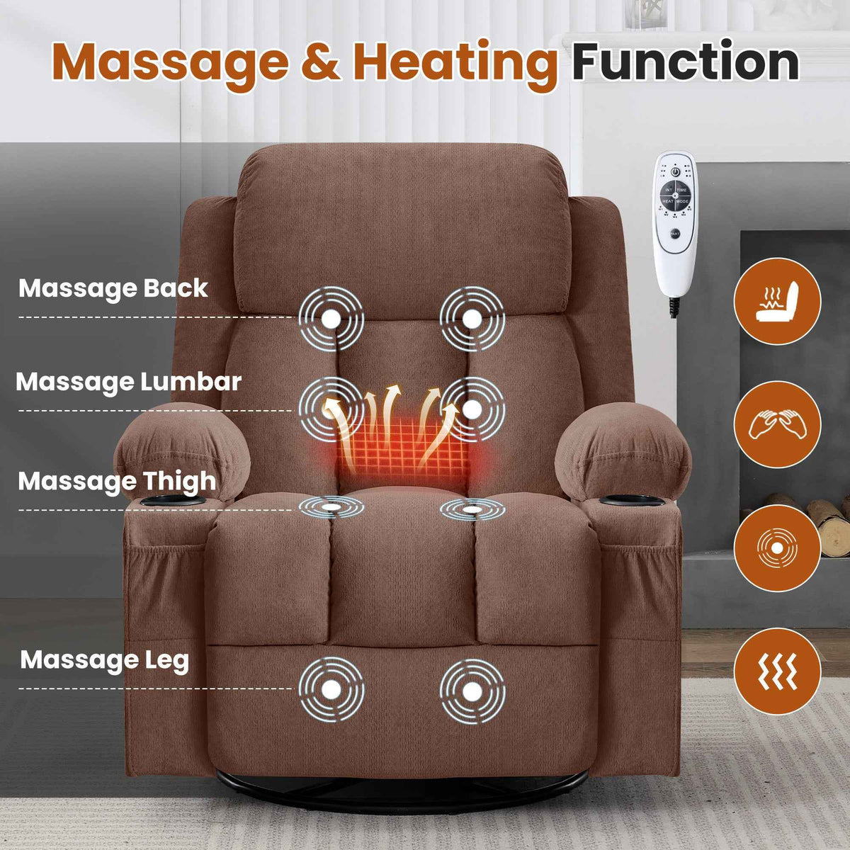 Swivel Rocker Recliner Chair with Vibration Massage, Heat, USB Port and Cup Holderrs detail image 4