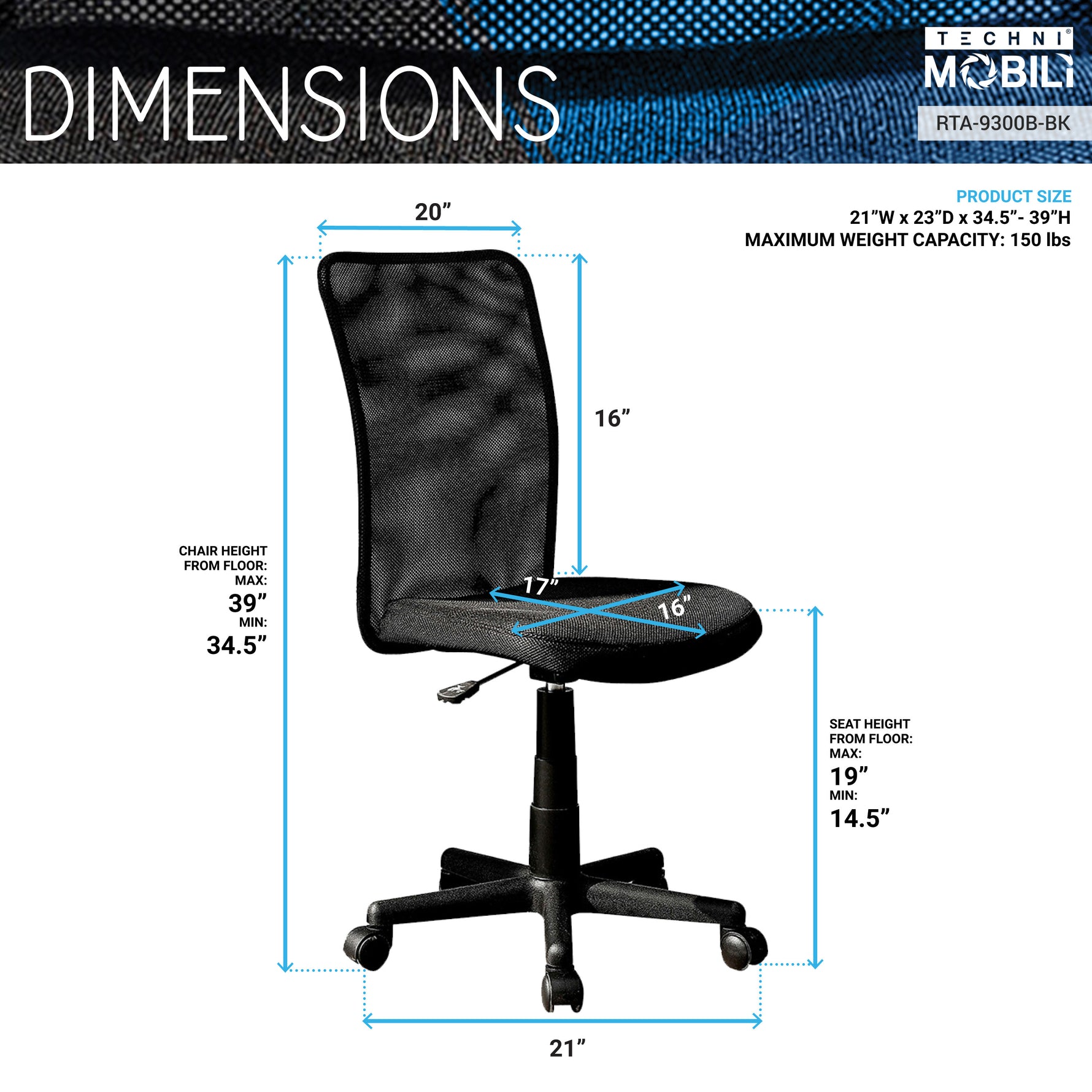 Techni Mobili Mesh Task Office Chair, Black for home office seating