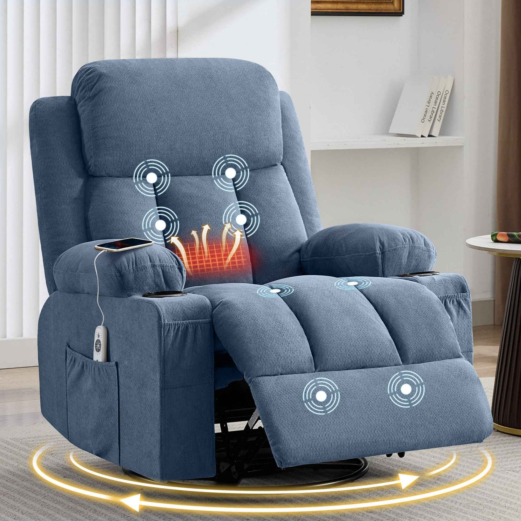 Swivel Rocker Recliner Chair with Vibration Massage, Heat, USB Port and Cup Holderrs detail image 13
