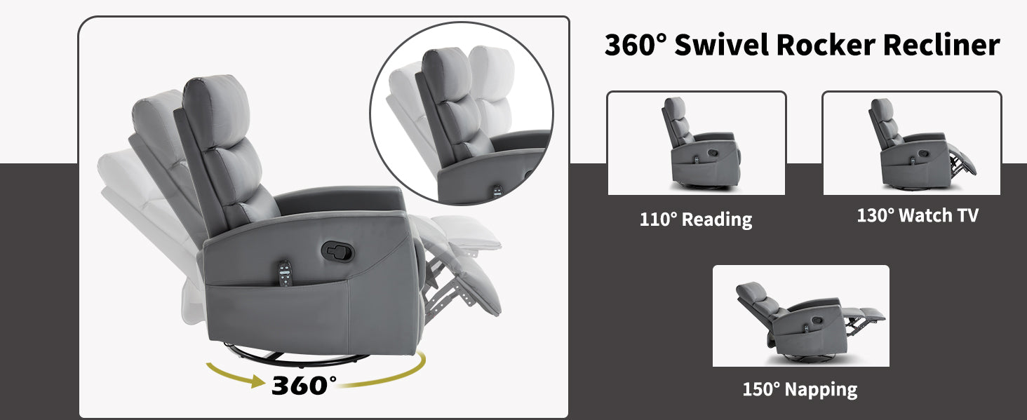 Heat Massage Manual Recliner Chair with Rocker and Swivel in Faux Leather for Living Room detail image 12