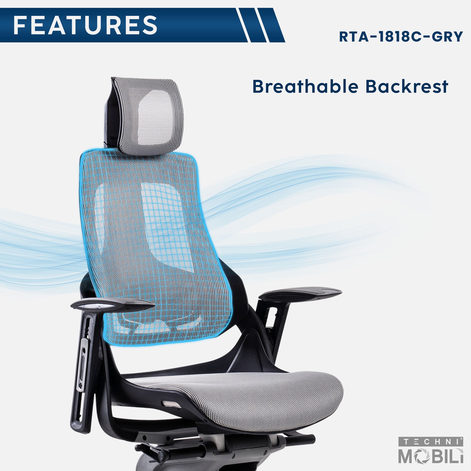 Techni Mobili LUX Ergonomic Executive Chair, Grey for home office seating