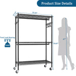 Heavy Duty Rolling Clothes Rack with 3 Tier Shelves, 2 Rails & Side Hooks for workshop, garage, storage, or utility use