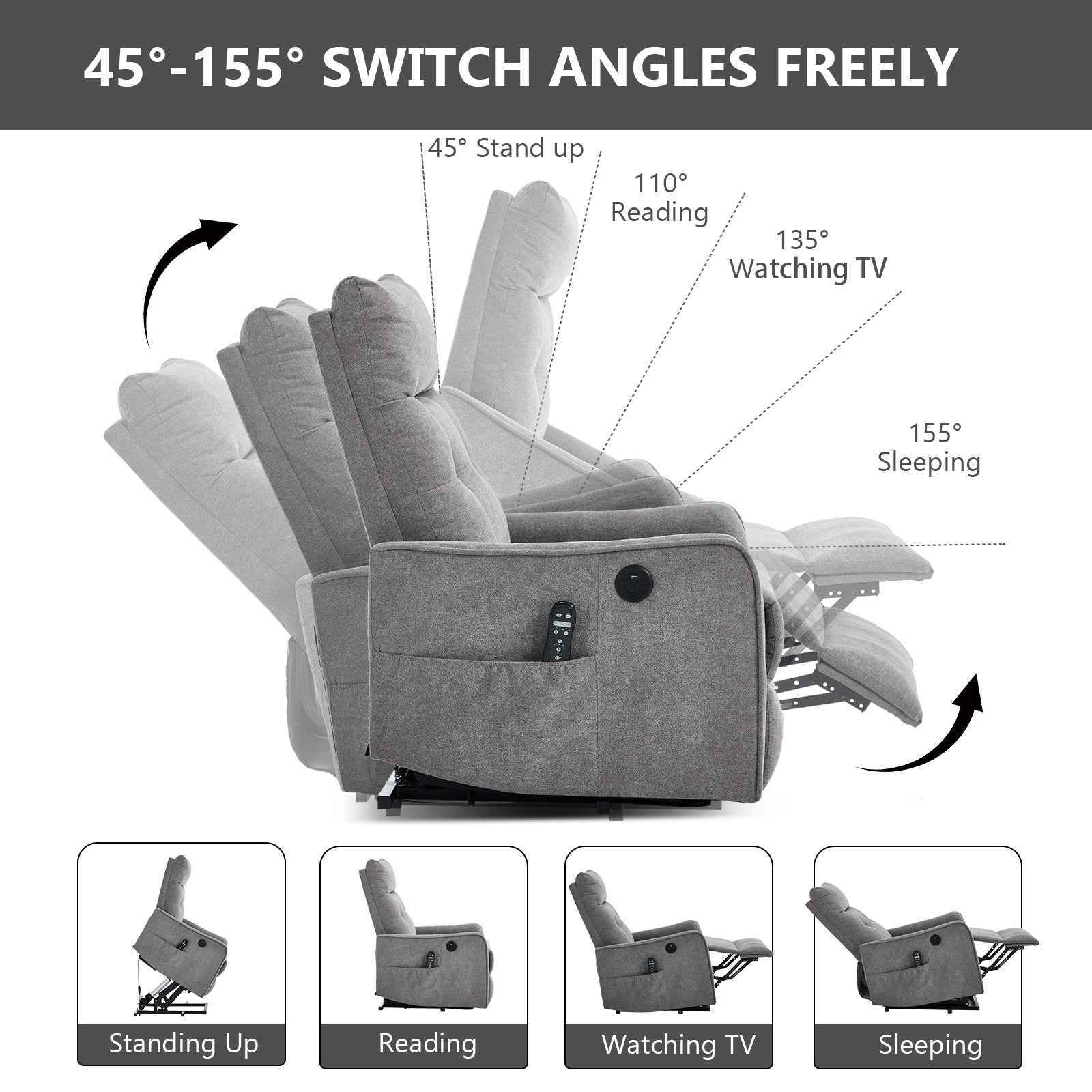 Chenille Single-Motor Power Lift Recliner with Massage & Heat detail image 4