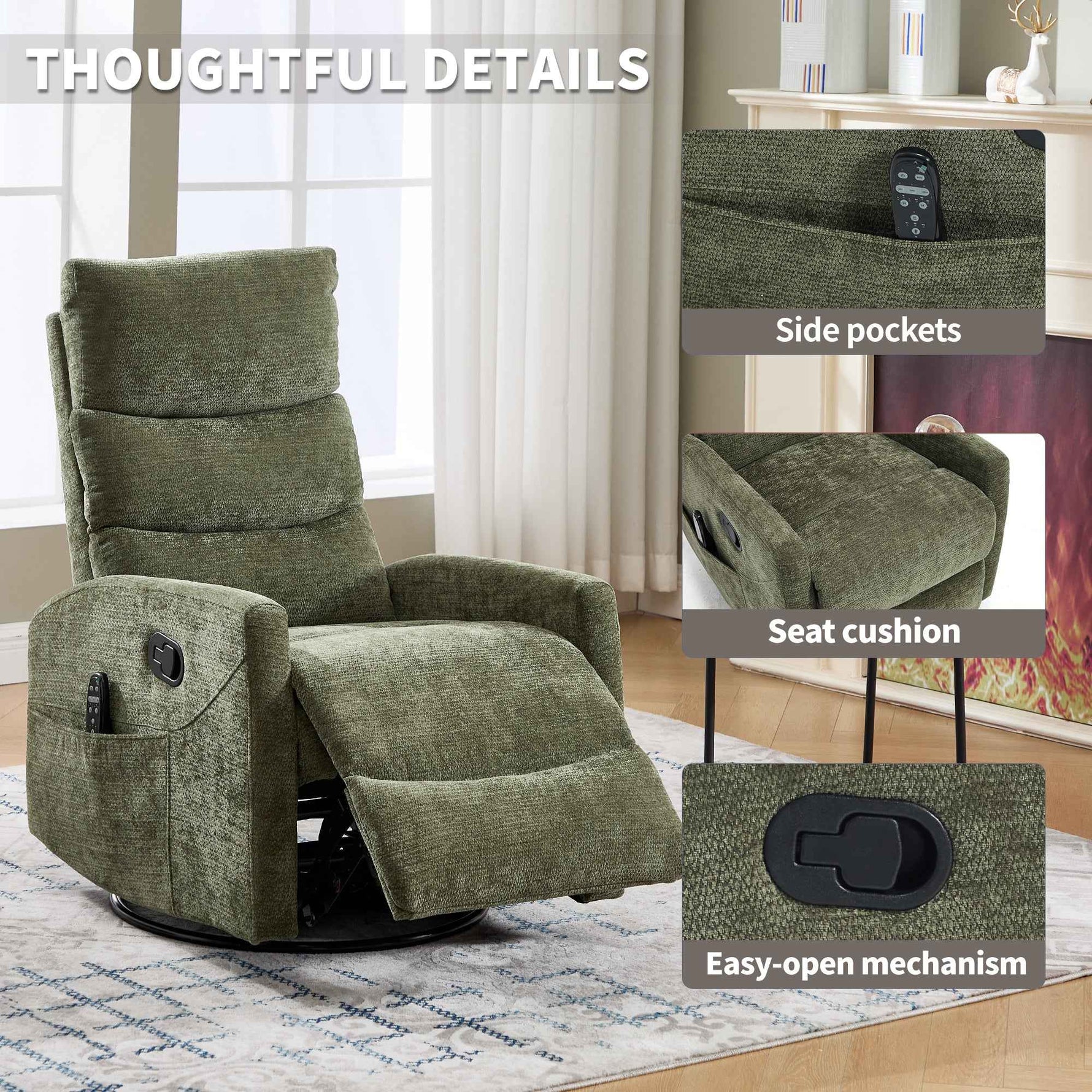 Heat Massage Manual Recliner Chair with Rocker and Swivel in Fabric for Living Room detail image 27