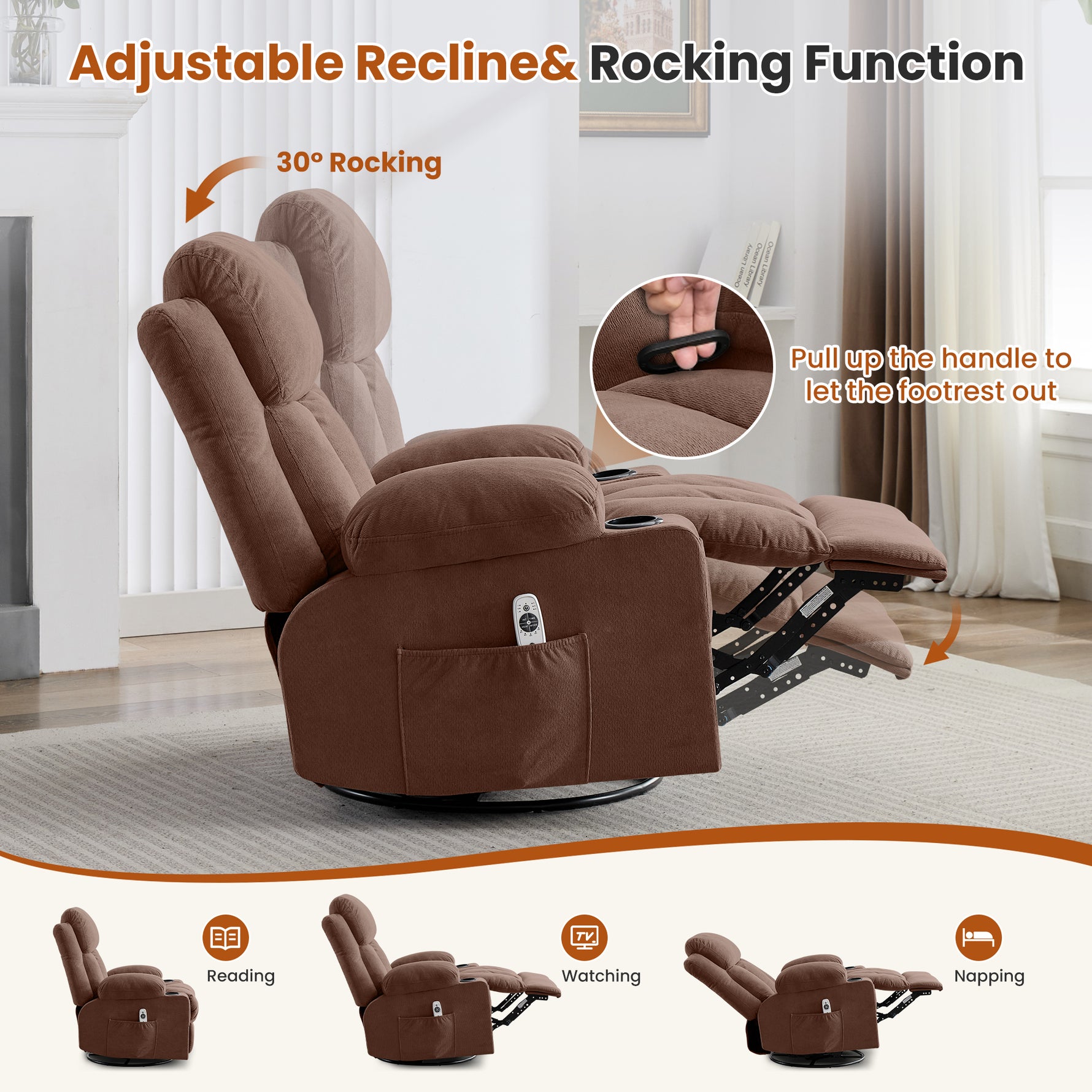 Swivel Rocker Recliner Chair with Vibration Massage, Heat, USB Port and Cup Holderrs detail image 6