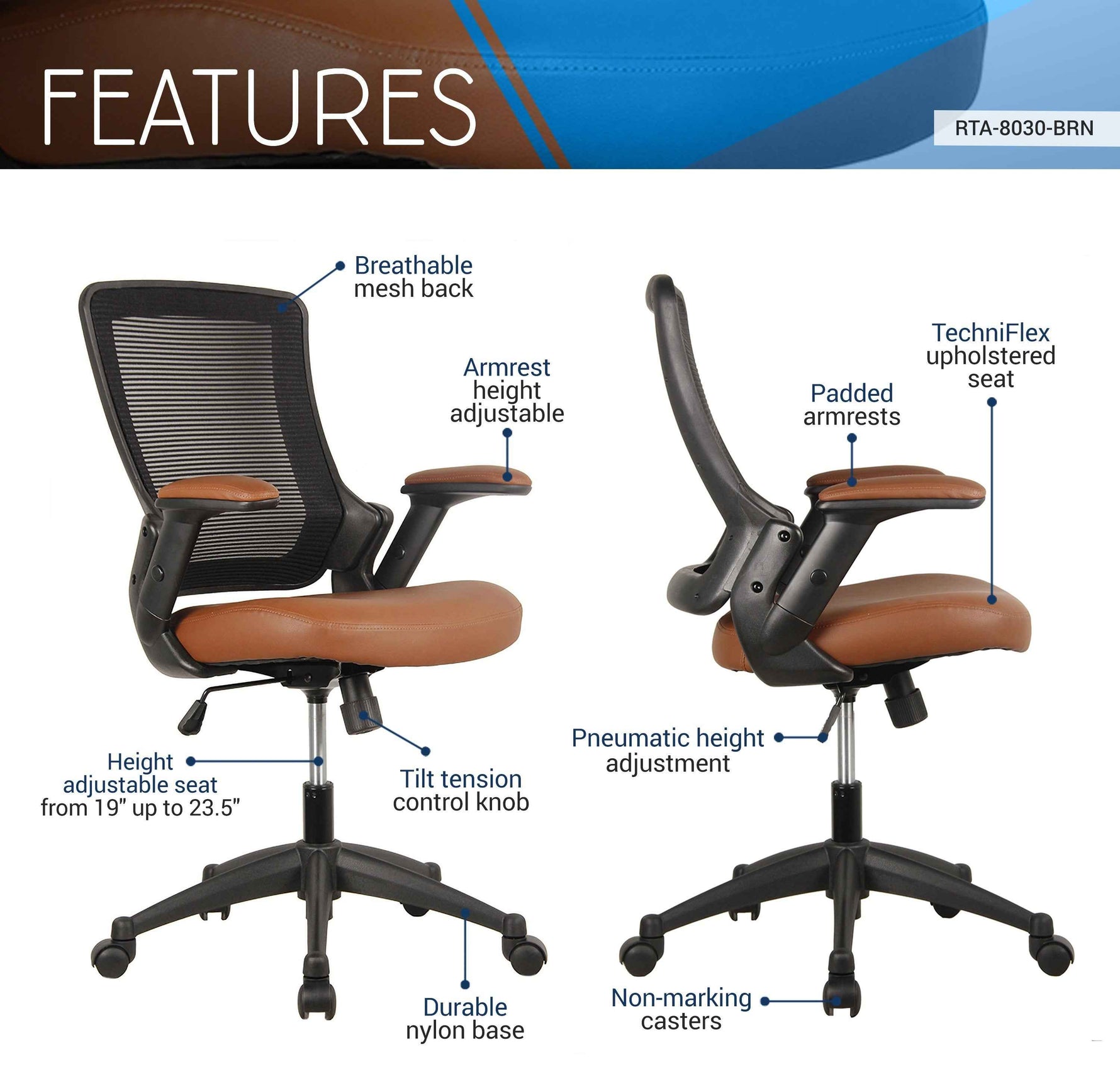 Techni Mobili Mid-Back Mesh Task Office Chair with Height Adjustable Arms for home office seating