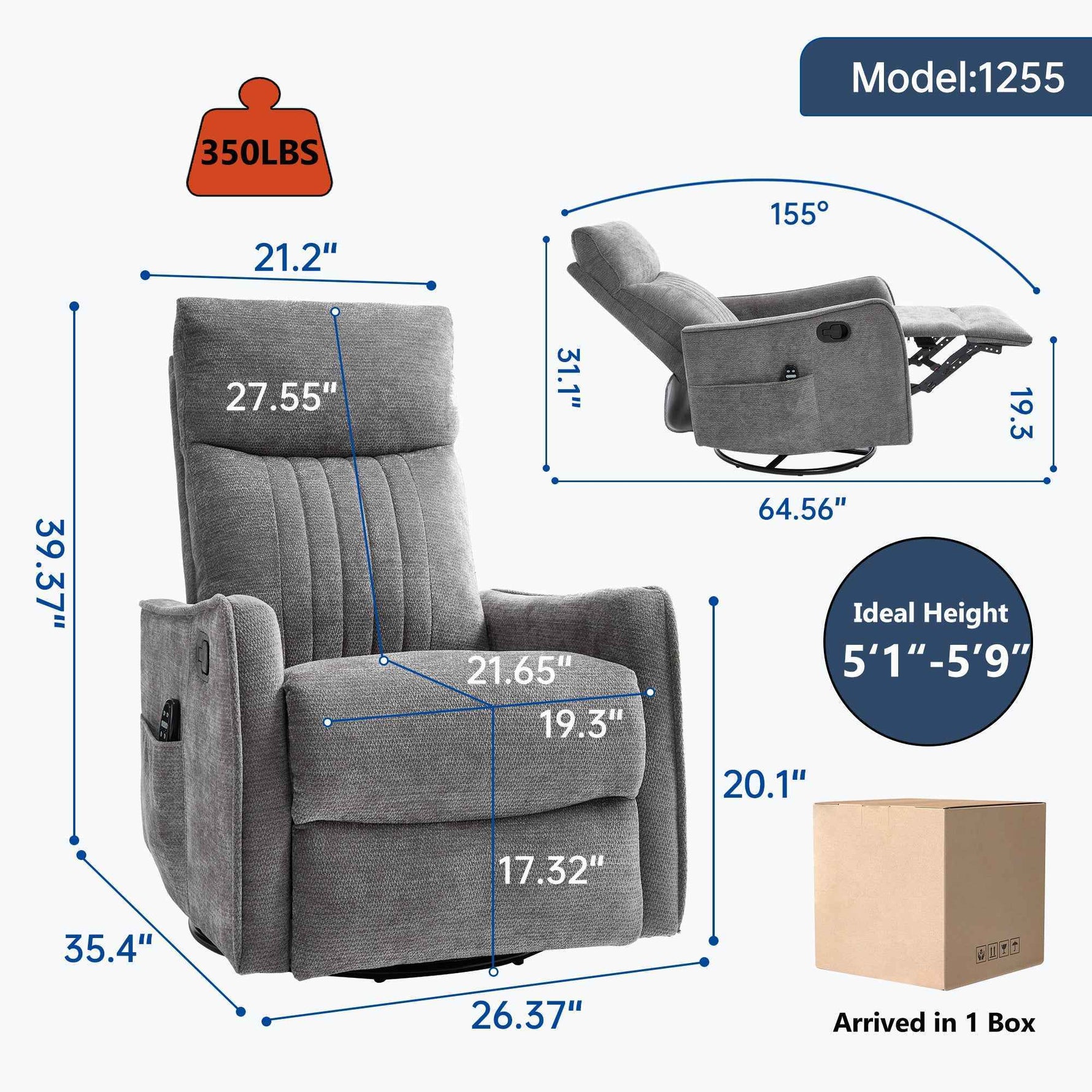 Heat Massage Manual Recliner Chair with Rocker and Swivel in Fabric for Living detail image 2
