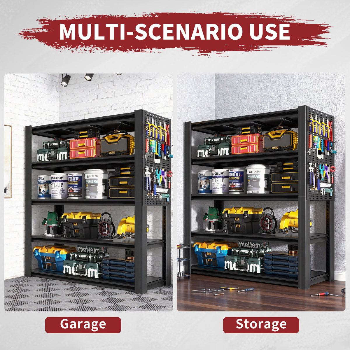 Industrial Heavy-Duty Metal 5-Tier Adjustable Shelving Unit with Pegboard for workshop, garage, storage, or utility use