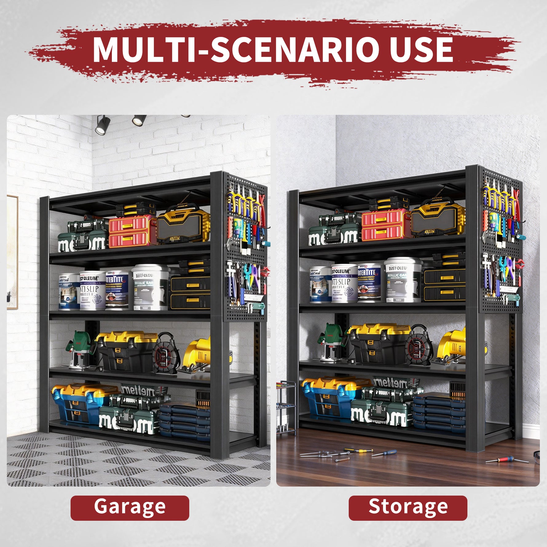Industrial Heavy-Duty Metal 5-Tier Adjustable Shelving Unit with Pegboard for workshop, garage, storage, or utility use