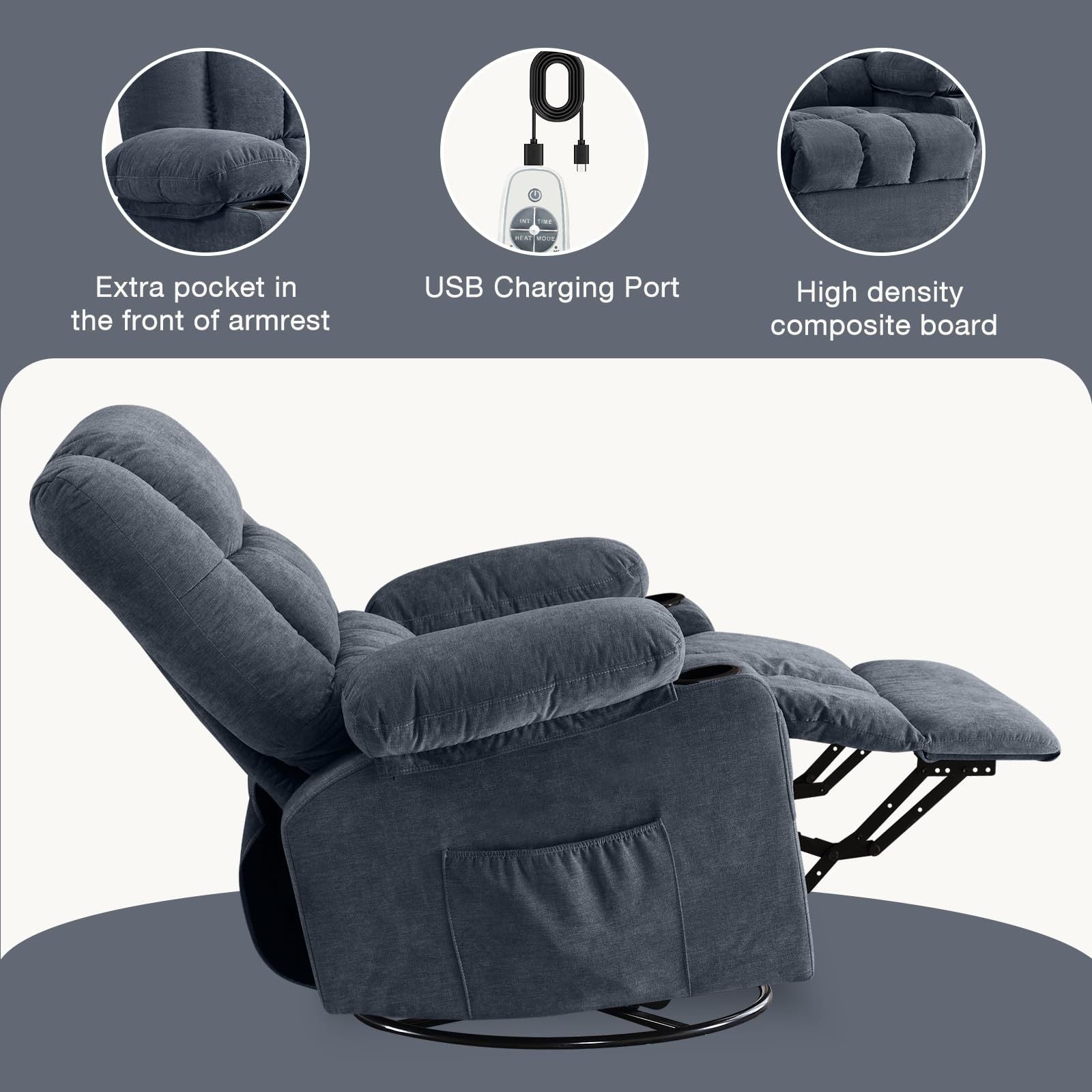 Massage Swivel Rocker Recliner with Vibration, Heat & Ergonomic Lounge Support detail image 8