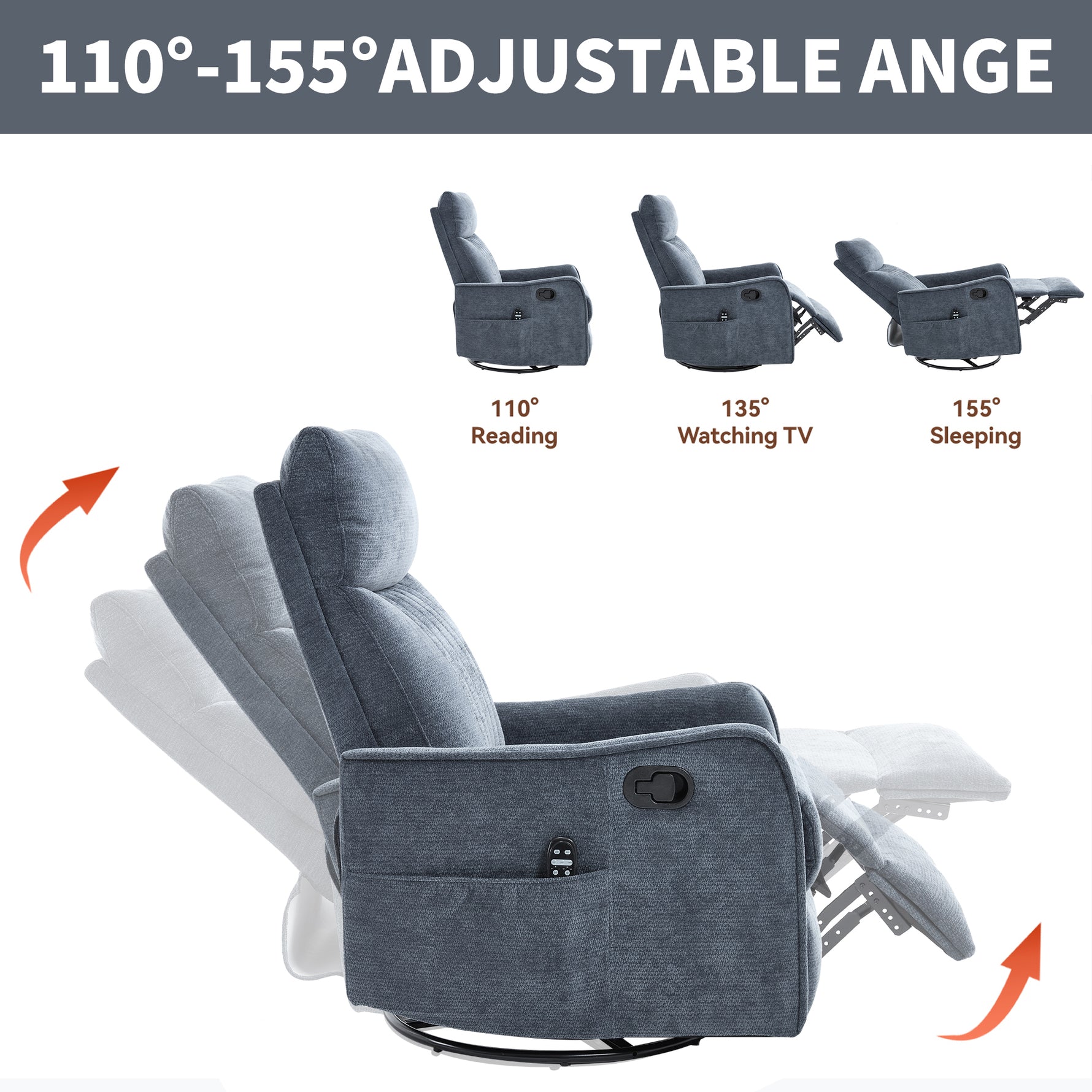 Heat Massage Manual Recliner Chair with Rocker and Swivel in Fabric for Living Room detail image 25