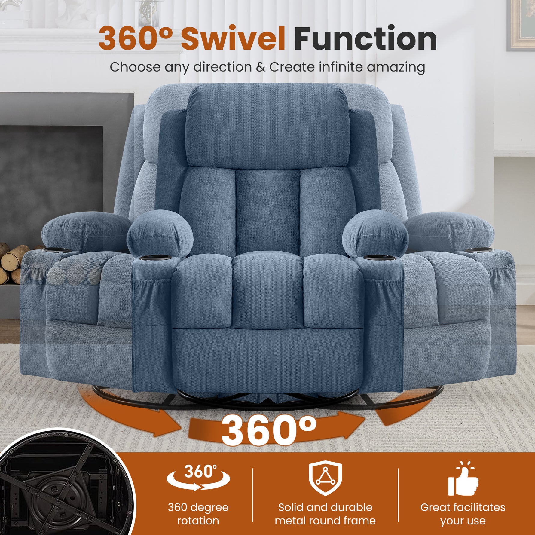 Swivel Rocker Recliner Chair with Vibration Massage, Heat, USB Port and Cup Holderrs detail image 20
