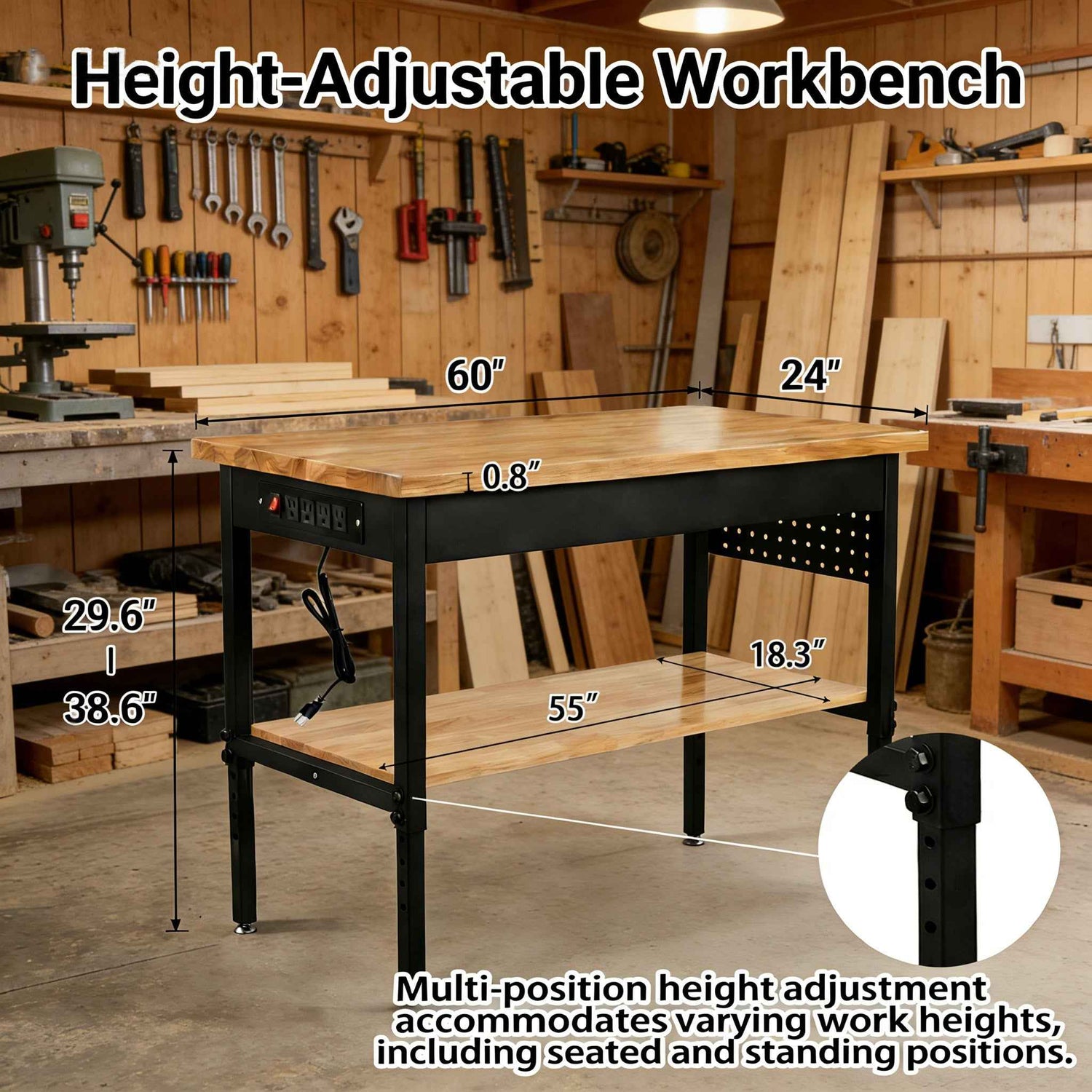 60" Double-Layer Adjustable Workbench with Power for workshop, garage, storage, or utility use