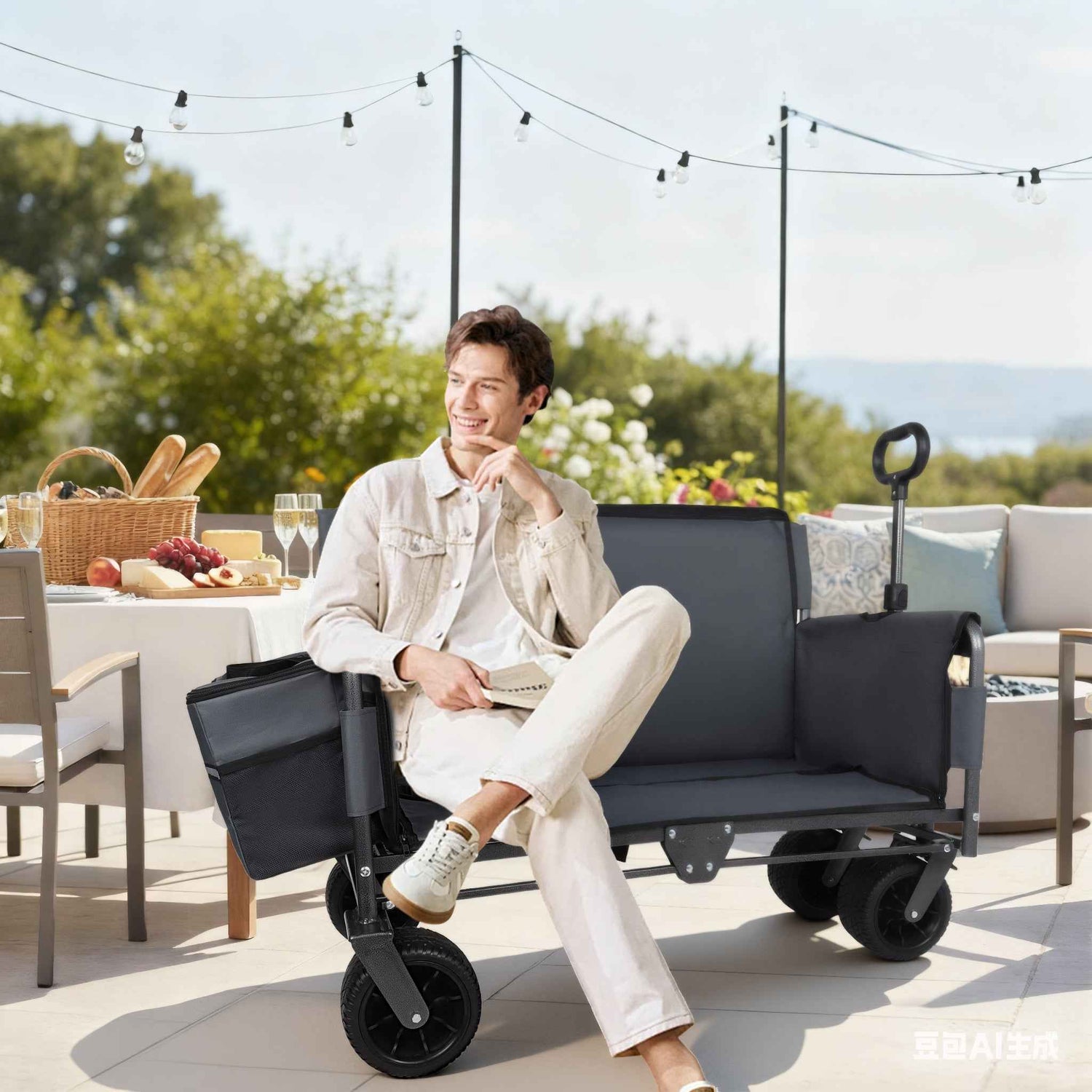 3-in-1 Folding Wagon Cart with Bench Seat & Storage for workshop, garage, storage, or utility use