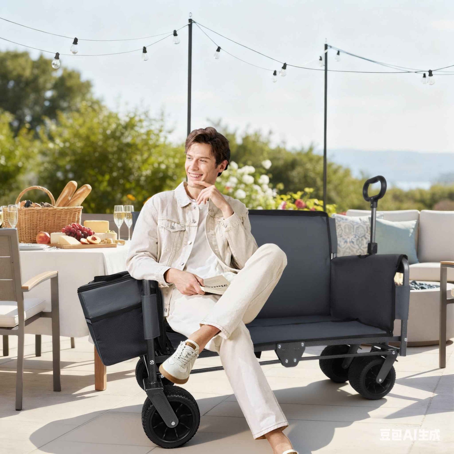 3-in-1 Folding Wagon Cart with Bench Seat & Storage for workshop, garage, storage, or utility use