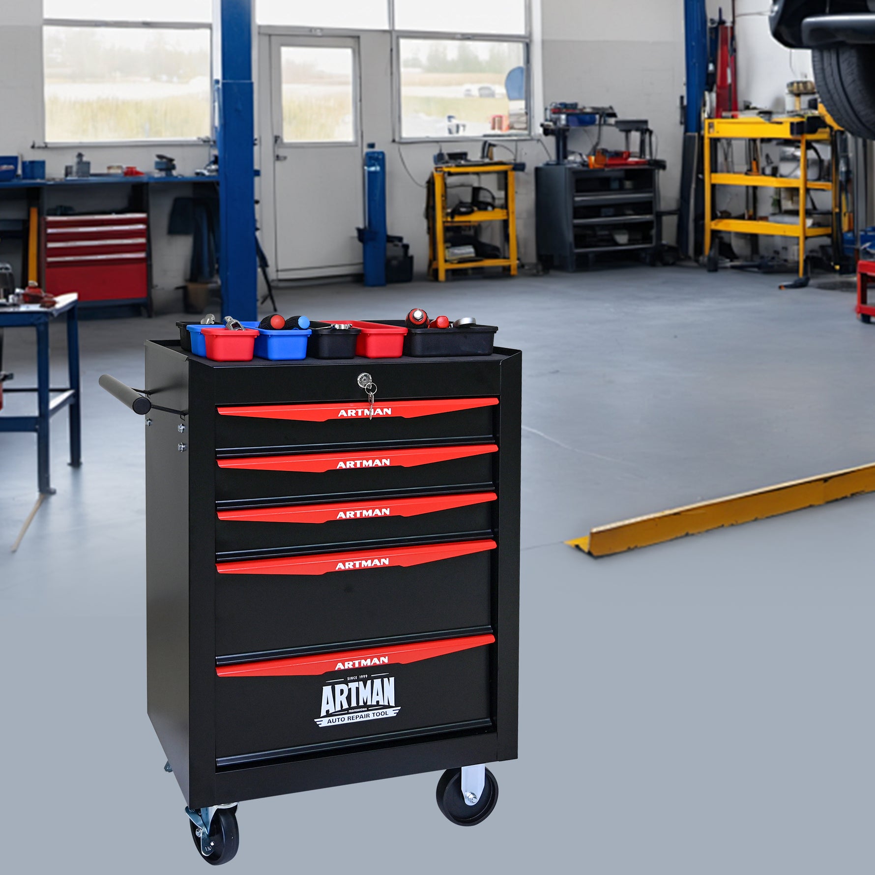 Rolling 5-Drawer Steel Tool Chest with Stainless Steel Top for workshop, garage, storage, or utility use