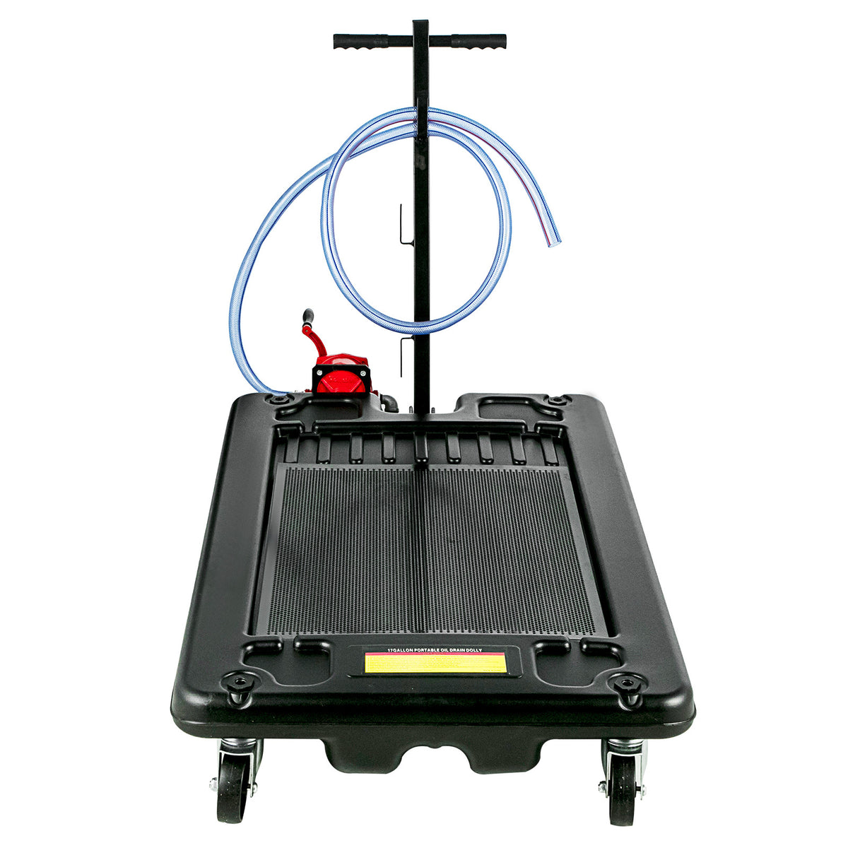 Low-Profile Rolling Oil Drain Pan with Manual Pump for workshop, garage, storage, or utility use
