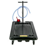 Low-Profile Rolling Oil Drain Pan with Manual Pump for workshop, garage, storage, or utility use