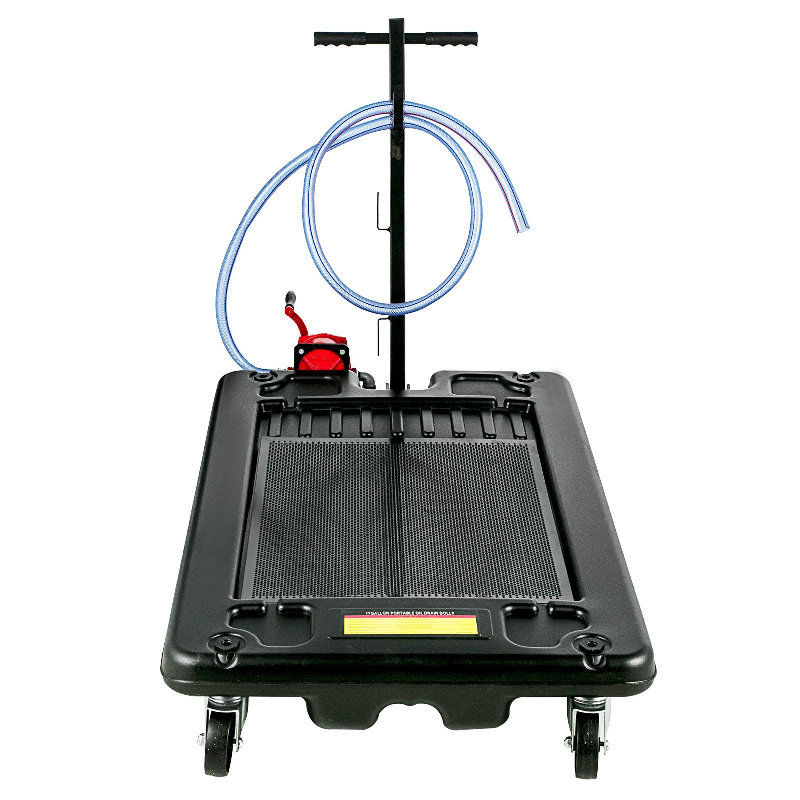 Low-Profile Rolling Oil Drain Pan with Manual Pump for workshop, garage, storage, or utility use