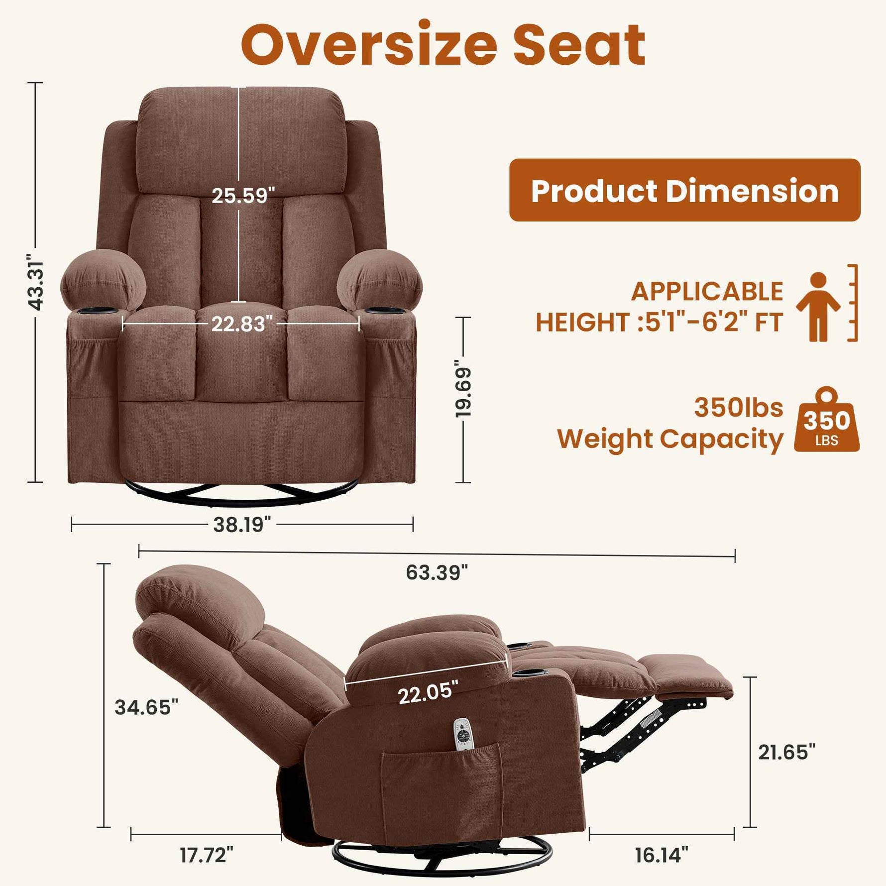 Swivel Rocker Recliner Chair with Vibration Massage, Heat, USB Port and Cup Holderrs detail image 3