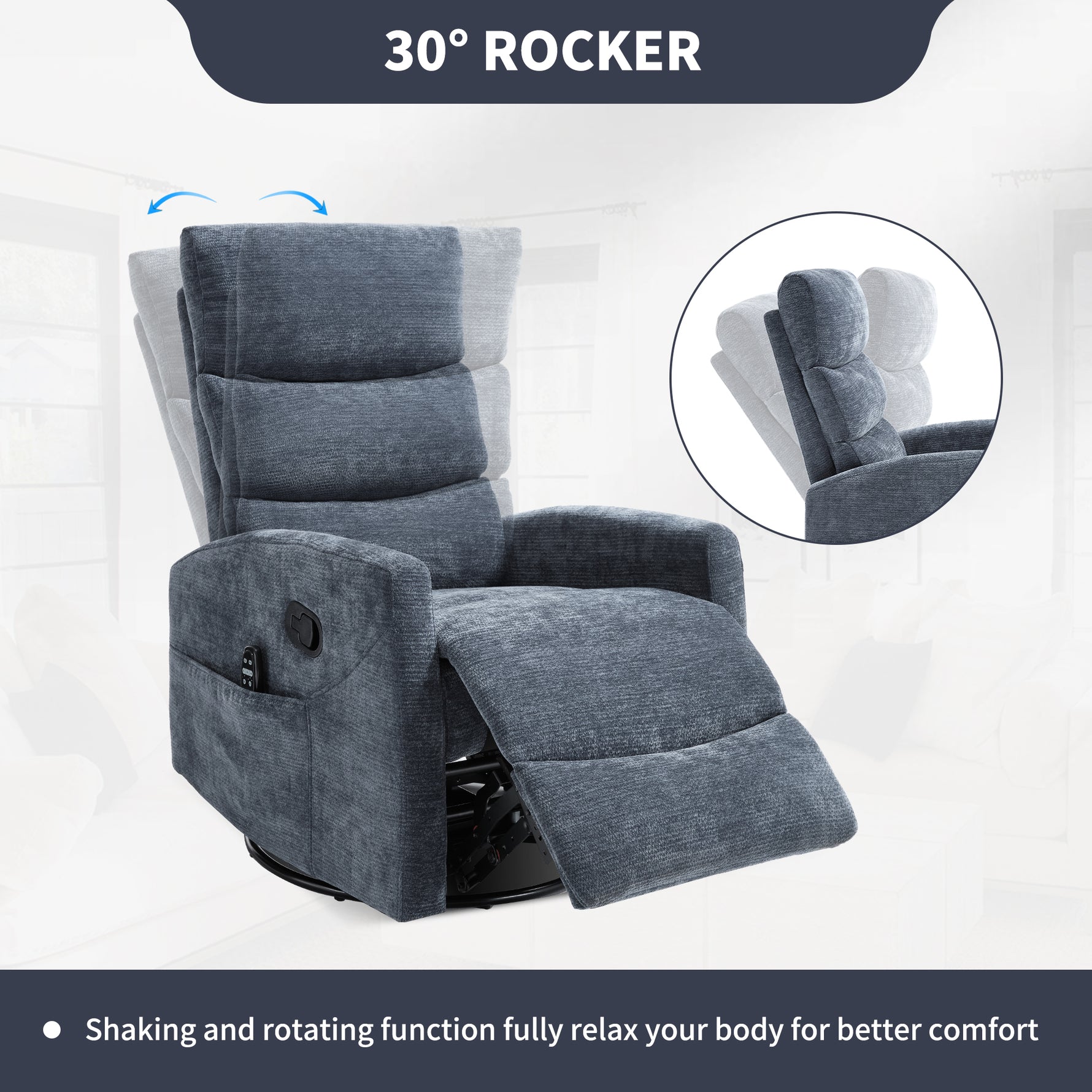 Heat Massage Manual Recliner Chair with Rocker and Swivel in Fabric for Living Room detail image 18