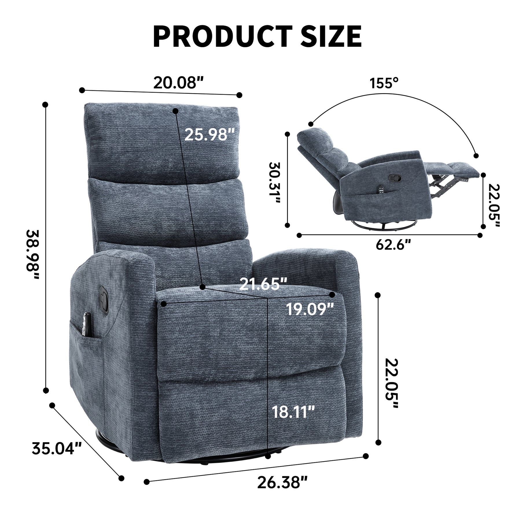 Heat Massage Manual Recliner Chair with Rocker and Swivel in Fabric for Living Room detail image 19