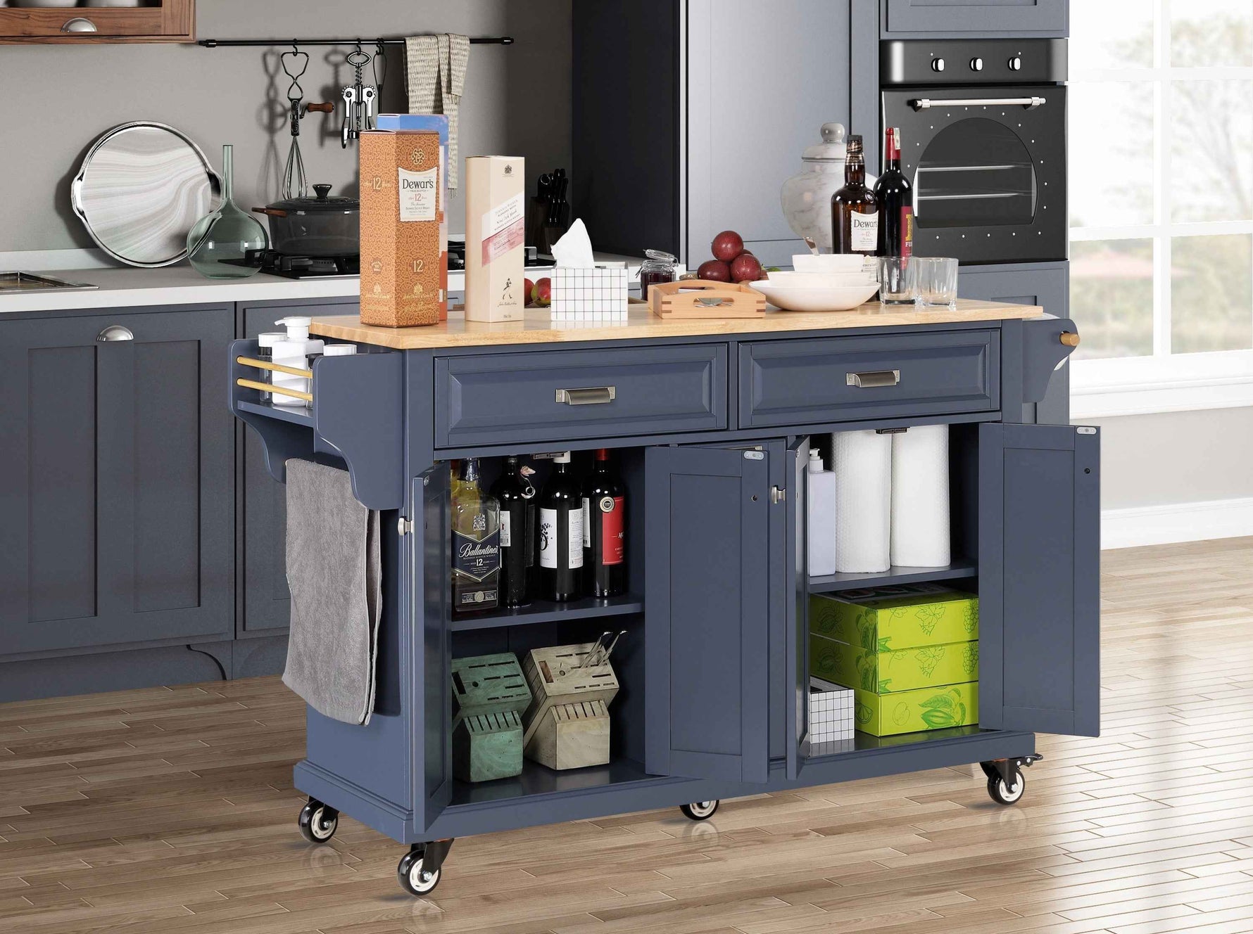 Rubberwood Drop-Leaf Kitchen Cart with 3 Drawers product view 48